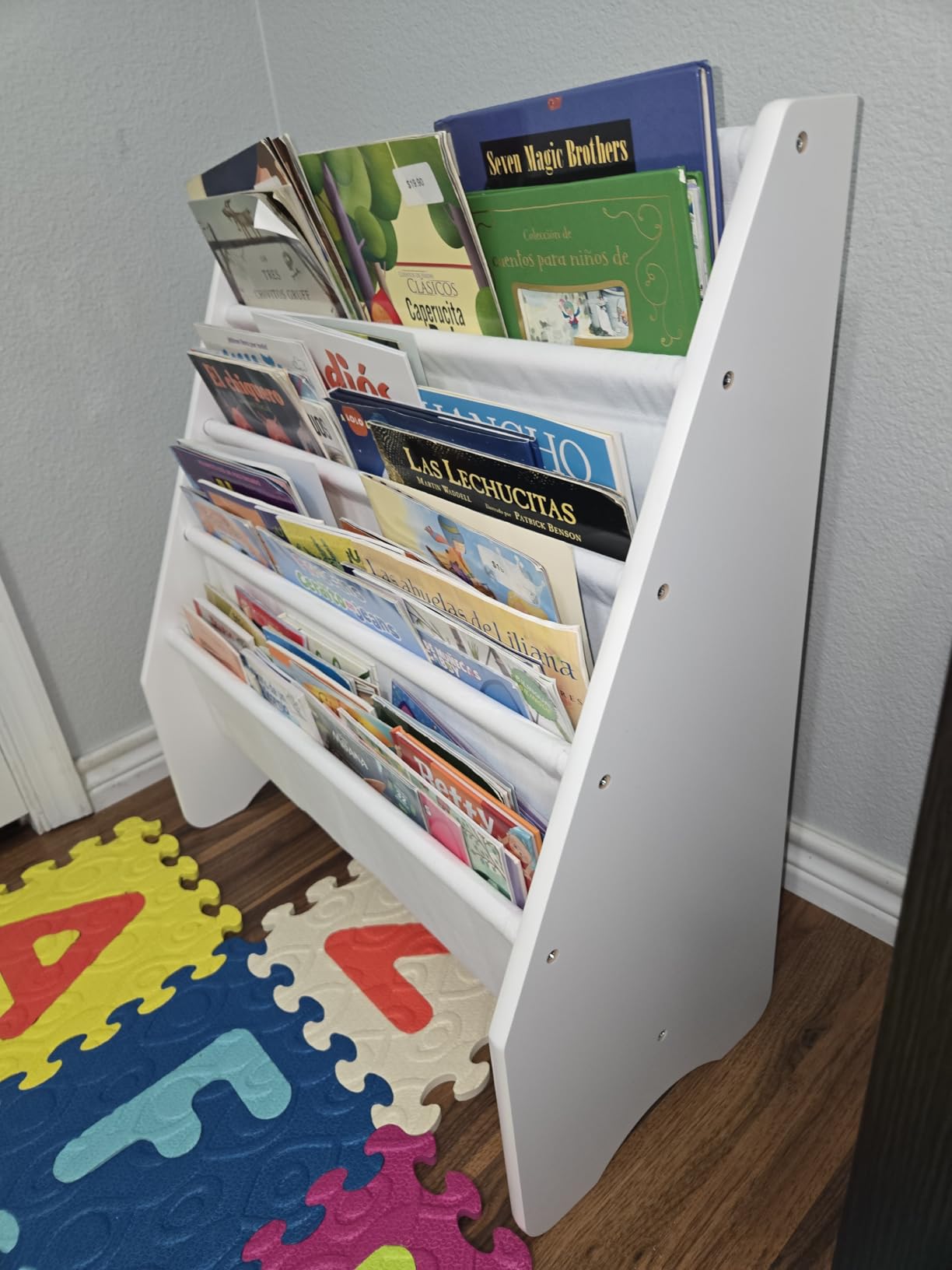 UTEX Kids Bookshelf Storage, Thick Cotton Sling Book Shelf for Kids Rooms | 4-Tier Toddler Magazine Book Rack, Children Book Organizer, Front Facing, Deep, Space Saving, Toddler Room, Gift, White customer photo 2
