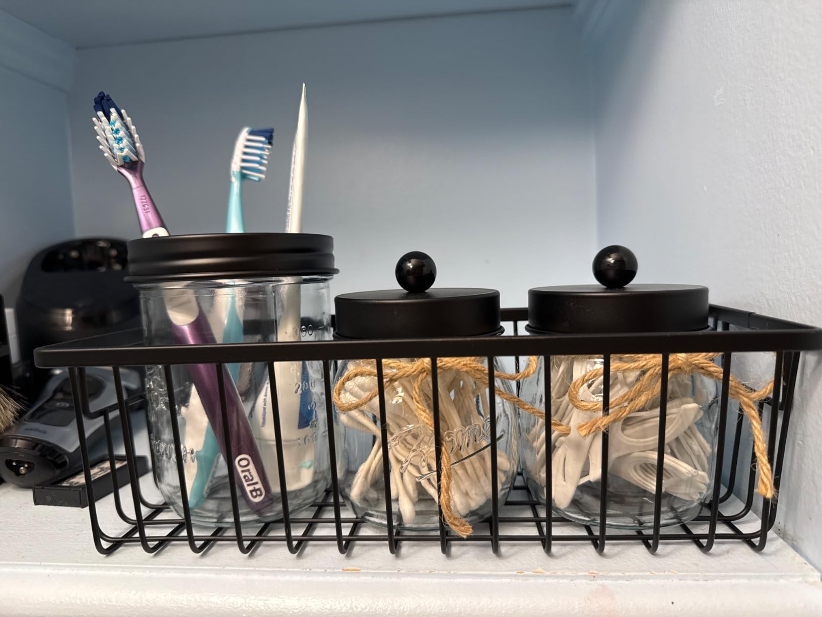 SheeChung Mason Jar Bathroom Accessories Set,6Pcs Rustic Bathroom Set,Brown | Glass Bathroom Accessory Set, Soap Dispenser, Toothbrush Holder, 2 Qtip Holders,Soap Dish,Wire Basket,Western Farmhouse Decor customer photo 2