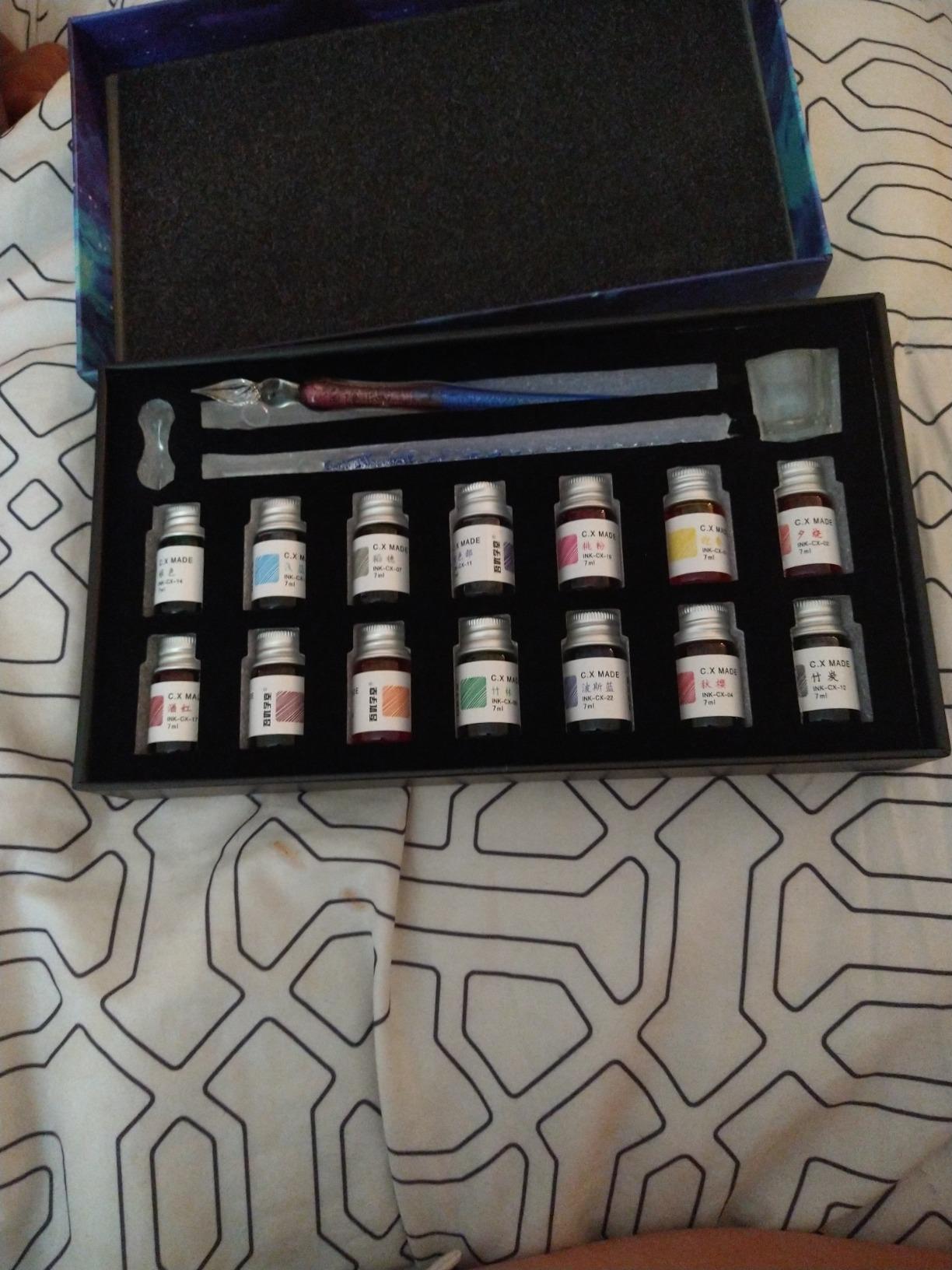 AXEARTE Glass Dip Calligraphy Pen Set, 18-Pieces 14 Color Inks, Pen Holder, Cleaning Cup, 2 Crystal Glass Pens for Art, Writing, Drawing, Signatures, Gift for Kids and Artist customer photo 2
