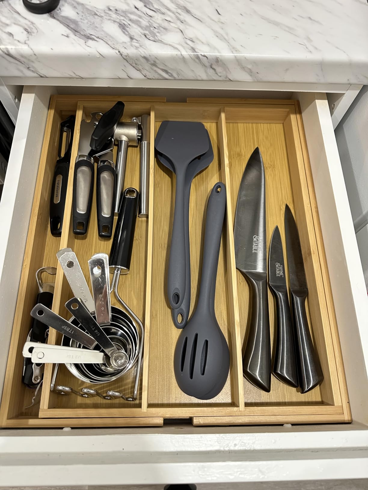 Purawood Kitchen Drawer Organizer - Expandable Utensil Drawer Organizer for Kitchen, Cutlery Tray & Silverware Organizer, 3-5 Slots - Bamboo Organizer for Utensils & Flatware (Natural) customer photo 1