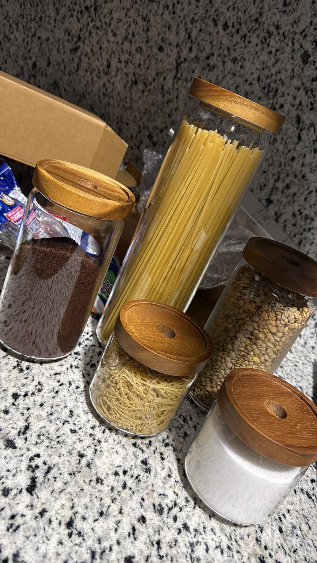 Glass Canisters Set of 5 for the kitchen, Glass Storage Container jars with Airtight Acacia Lid for Coffee Beans, Flour, Sugar, Rice and Spaghetti customer photo 1