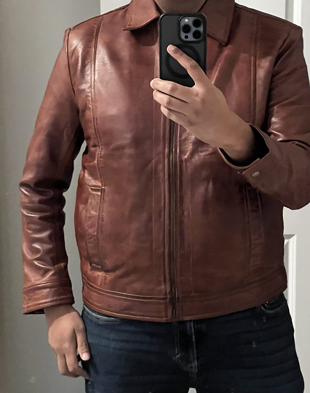 Blingsoul Vintage Distressed Leather Jacket for Men - Shirt Collar Genuine Lambskin Mens Leather Jacket customer photo 1
