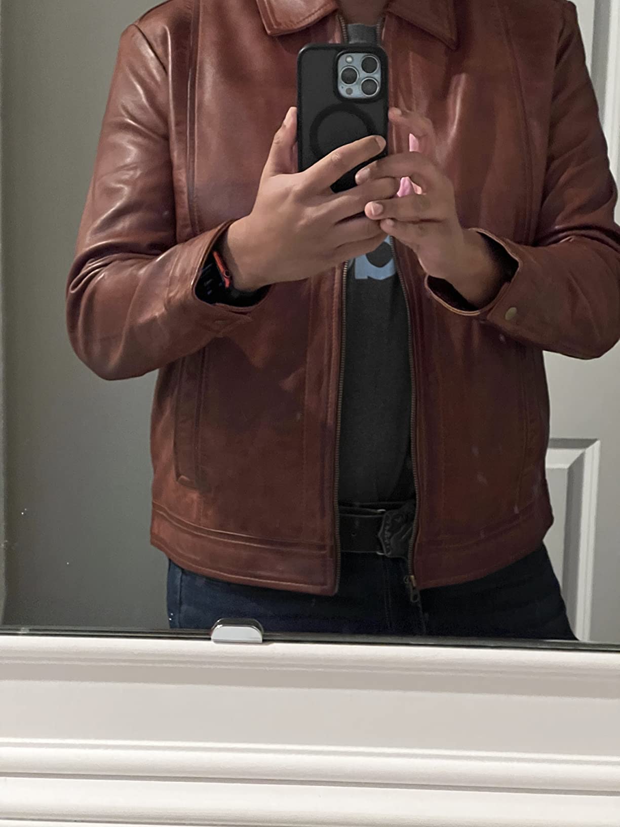 Blingsoul Vintage Distressed Leather Jacket for Men - Shirt Collar Genuine Lambskin Mens Leather Jacket customer photo 2