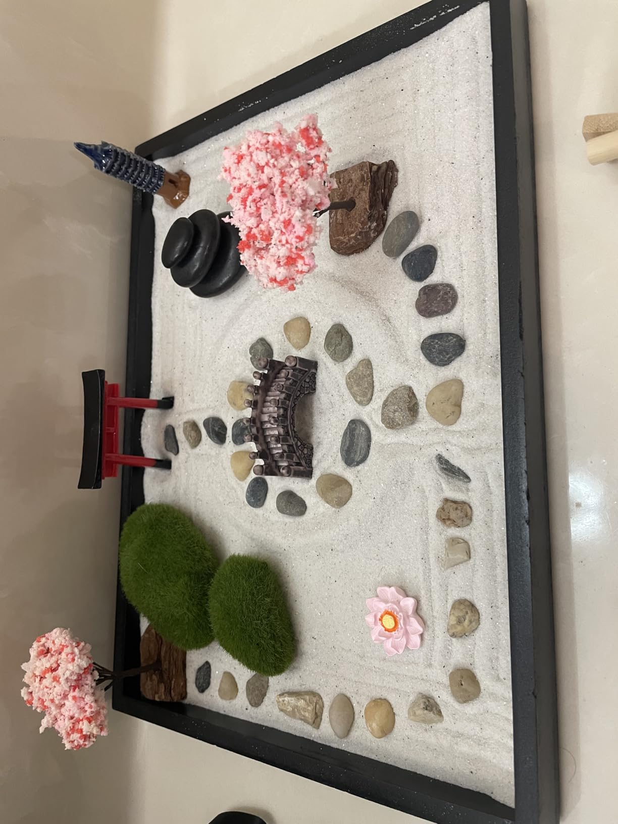 Island Falls Home Zen Garden Kit for Desk, Mini Zen Garden 11x8in Decor | Japanese Sand Garden for Desk, Home or Office. Desktop Meditation Set, Sand Tray Therapy with 6 Tools & 15 Accessories customer photo 2