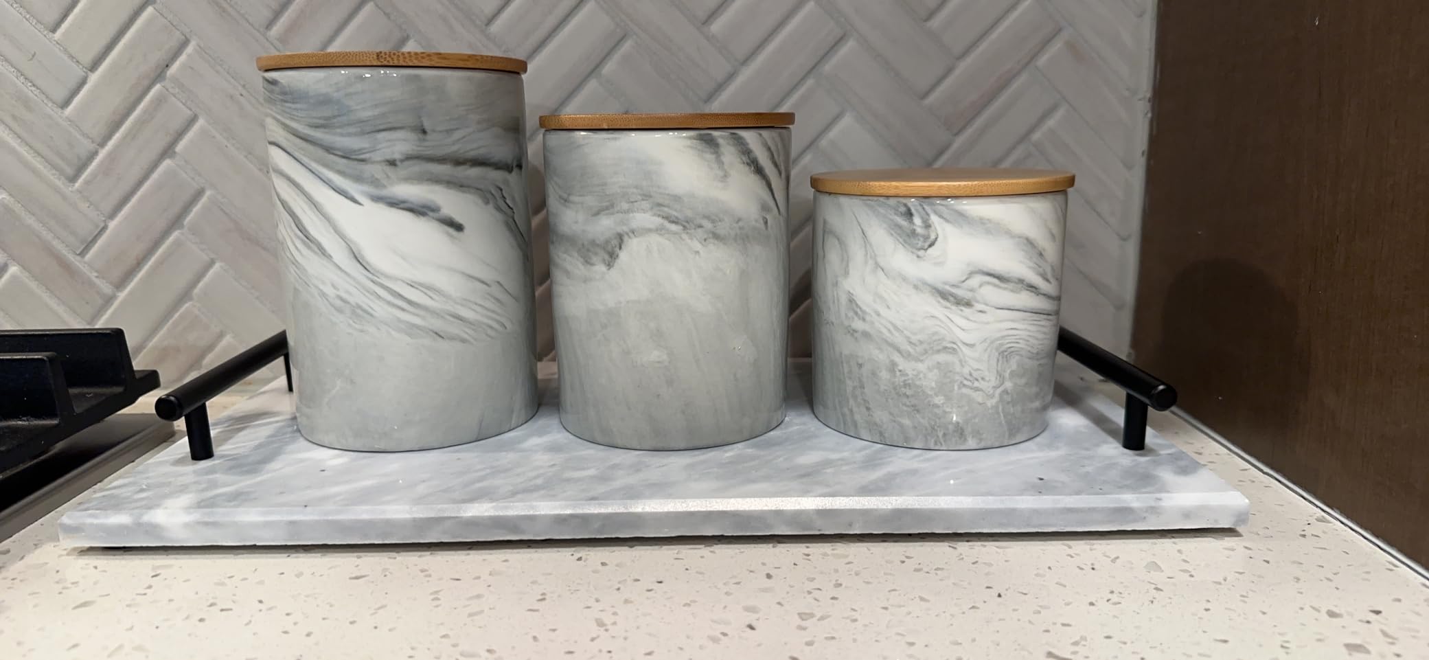 Farmlyn Creek Ceramic Jar Set - Airtight Wood Lids for Kitchen Countertop Jars - White Marble Ceramic Food Storage Containers with Lids - Coffee & Sugar Container Set - 5.9