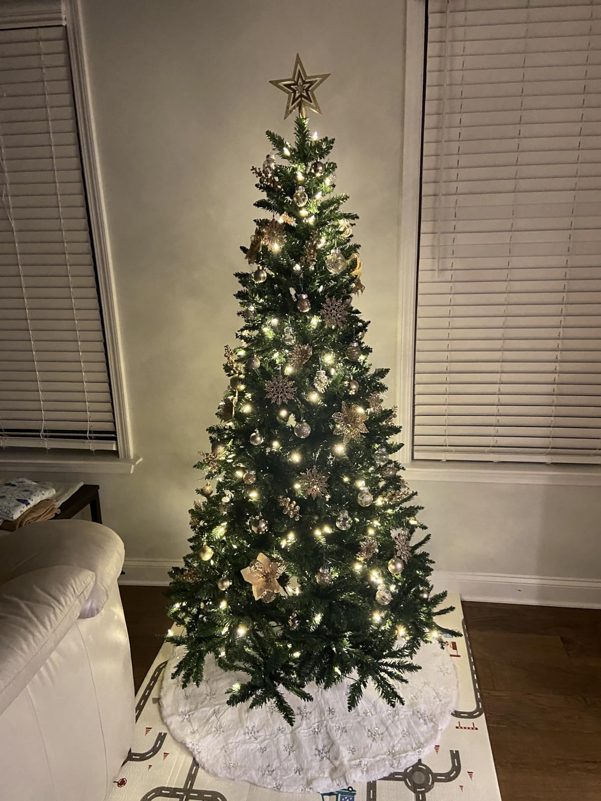 COOLWUFAN 48 Inches Faux Fur Christmas Tree Skirt, Silver Sequin Snowflake customer photo 2