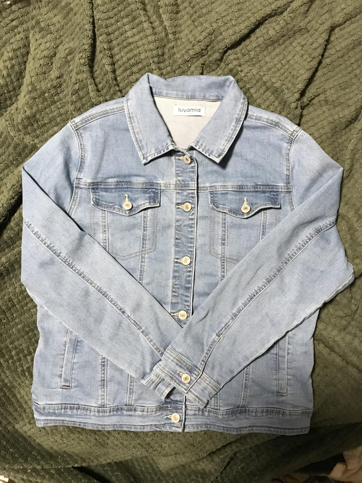 luvamia Women's Basic Button Down Stretch Fitted Long Sleeves Denim Jean Jacket customer photo 1