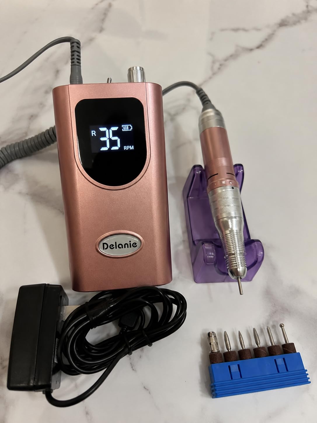 Delanie Electric Nail Drill Professional High Torque 35000 RPM, Rose Gold | Clip-On Cordless Efile for Acrylic Gel Removal, Electric Nail File with Long-Lasting Battery for Home, Salon, Mobile tech use customer photo 2