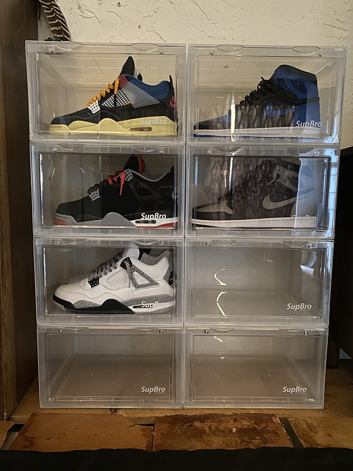 SupBro Collection Crate - Easy Access Storage Shoes Box - Plastic Foldable Stackable Sneaker Display Storage with Clear Side Open Door Organizer - 2 Pack (Black) customer photo 1