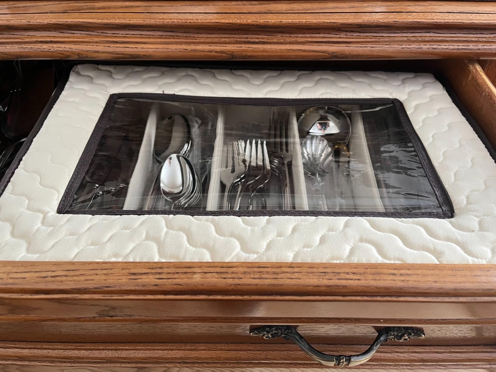 Flatware Storage Case 5 Compartments Silverware Container Box, Beige customer photo 1