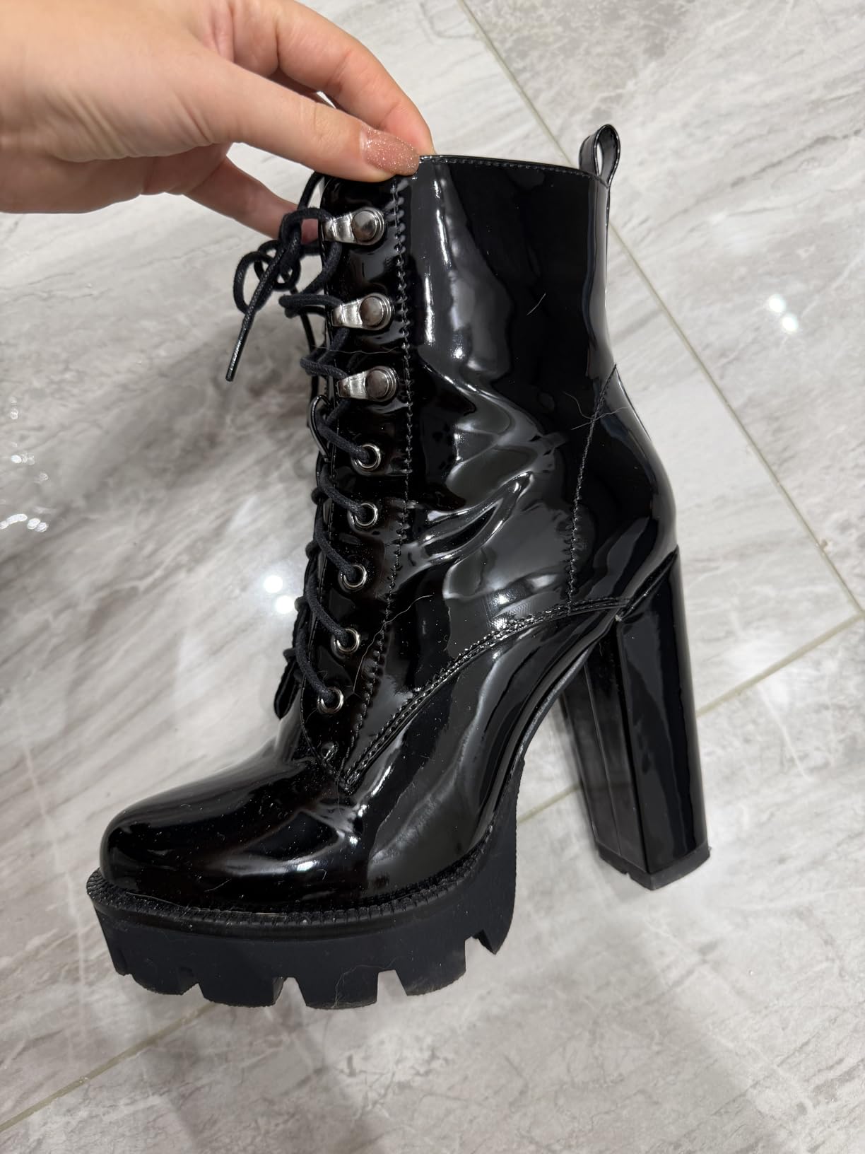 wetkiss Platform Boots for Women Round Toe Lace Up High Heel Combat Booties customer photo 1