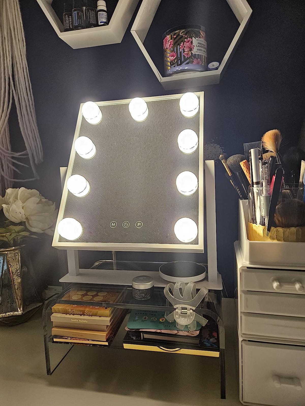 BWLLNI Lighted Makeup Mirror, White Vanity Mirror with Lights,9 LED Bulbs | Hollywood Mirror Touch Control Design 3 Colors Dimable LED Bulbs, Detachable 10X Magnification, 360°Rotation,12