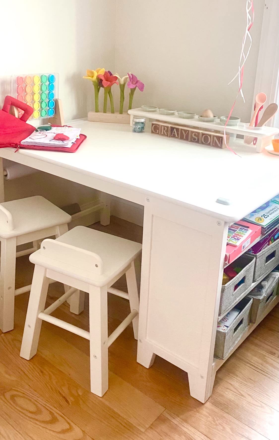 Martha Stewart Kids' Art Table and Chair Set - Linen White: Wooden Kids Play Table for Arts and Crafts | Coloring Desk with Paint Cups, Paper Roll and Craft Supplies Storage Bins | customer photo 1