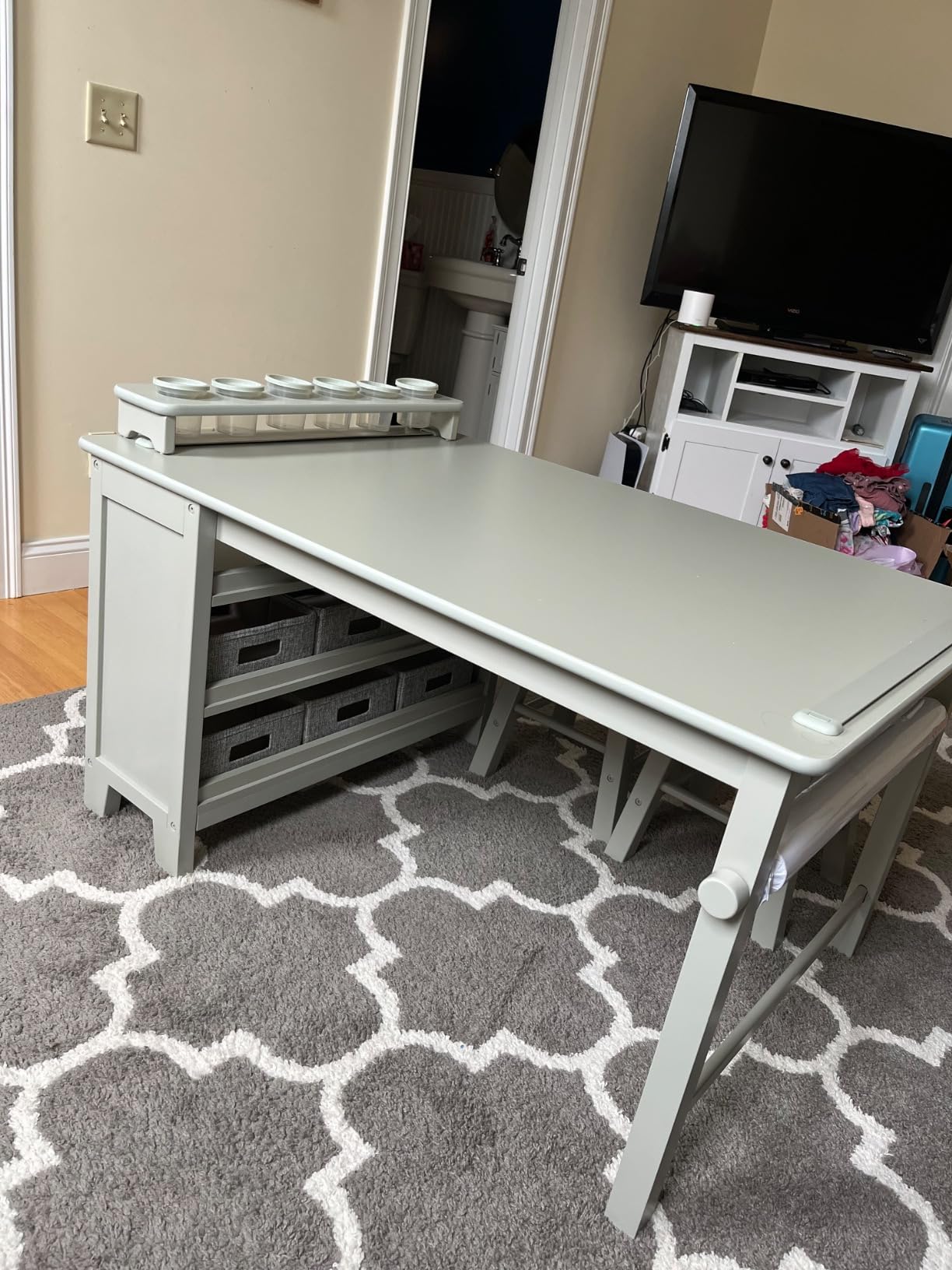 Martha Stewart Kids' Art Table and Chair Set - Linen White: Wooden Kids Play Table for Arts and Crafts | Coloring Desk with Paint Cups, Paper Roll and Craft Supplies Storage Bins | customer photo 2