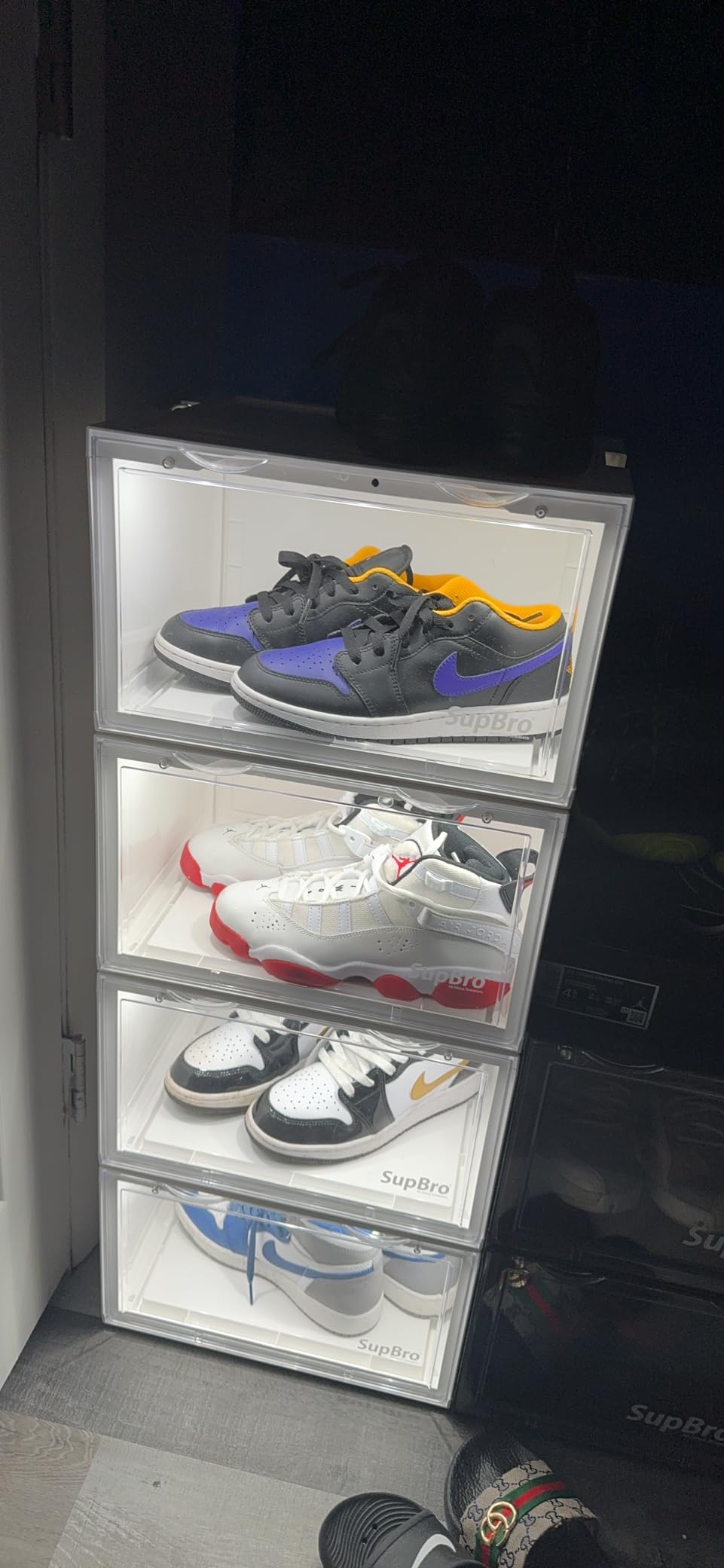 SupBro Led Collection Crate - Voice Control - Easy Access Storage Shoes box, Stackable Shoe Storage with clear plastic door for sneakers - (11.2 x 14.9 x 8.8 inch (2pack), White) customer photo 1