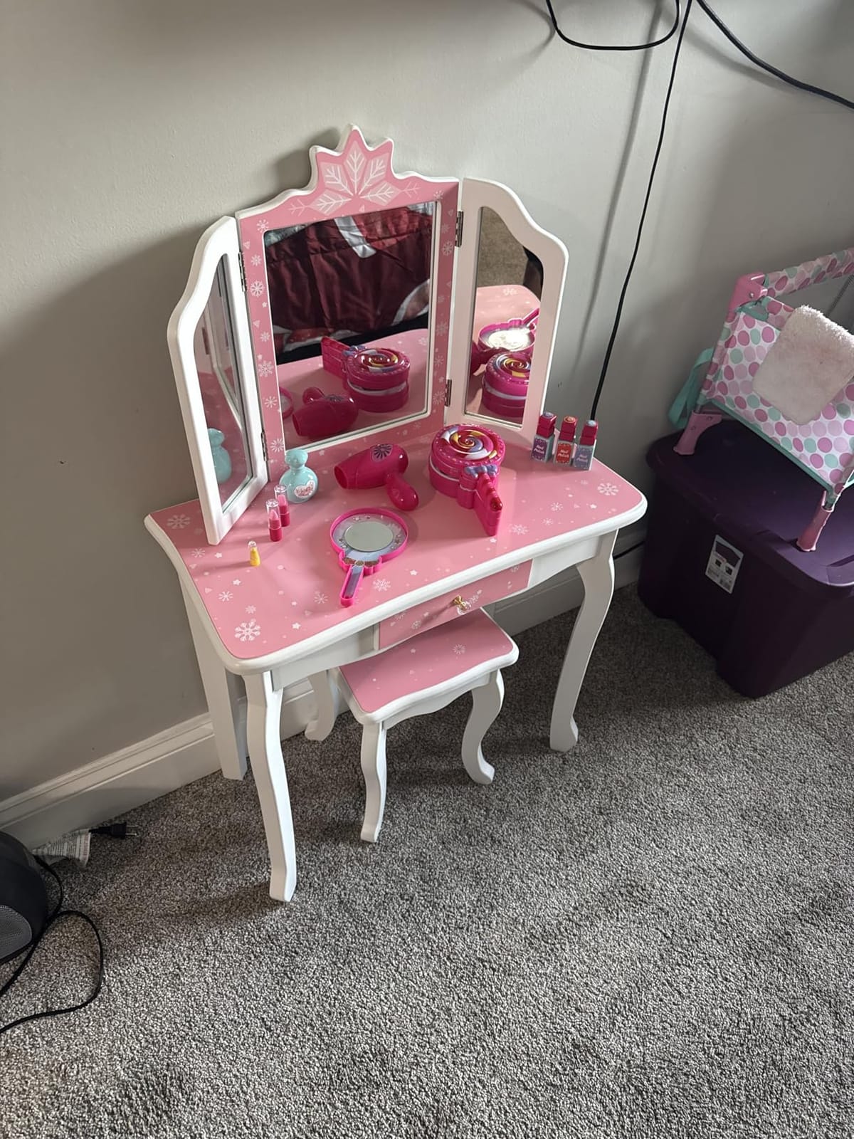 JOYMOR Kids Vanity Set, Wooden Princess Makeup Table with Stool, Tri-Folding Mirror, Large Drawer, Solid Wooden Legs, Beauty Make Up Dressing Set for Girls Best Gift (Pink) customer photo 1