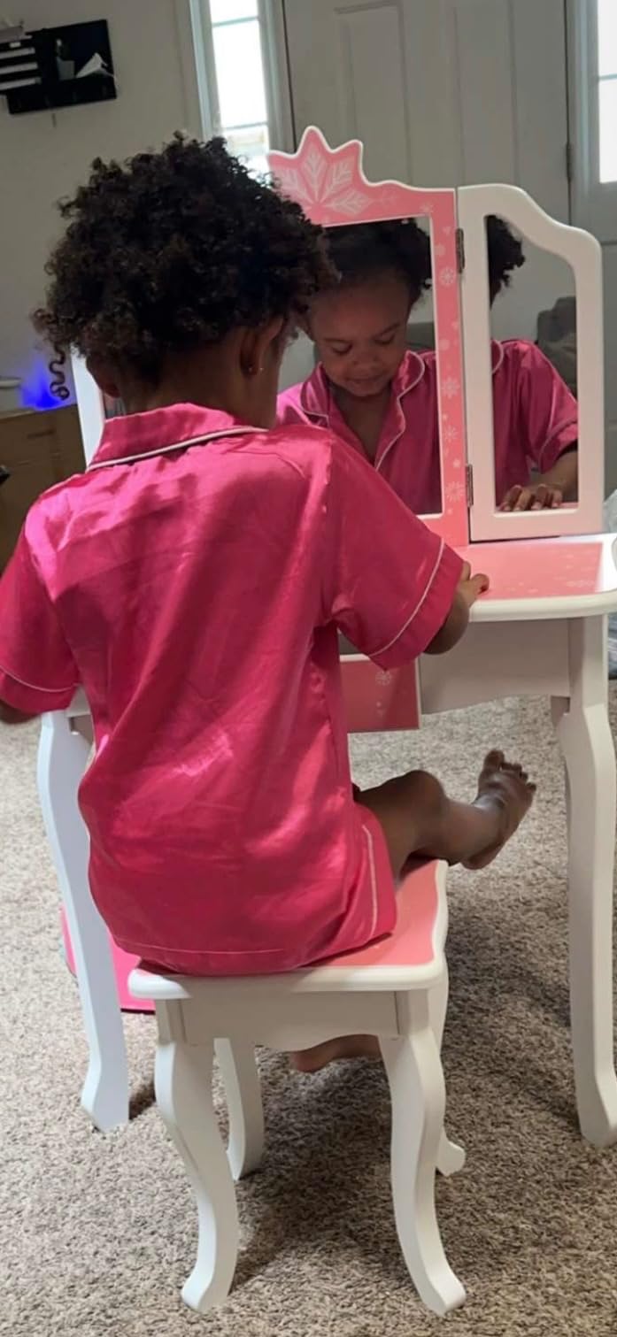 JOYMOR Kids Vanity Set, Wooden Princess Makeup Table with Stool, Tri-Folding Mirror, Large Drawer, Solid Wooden Legs, Beauty Make Up Dressing Set for Girls Best Gift (Pink) customer photo 2