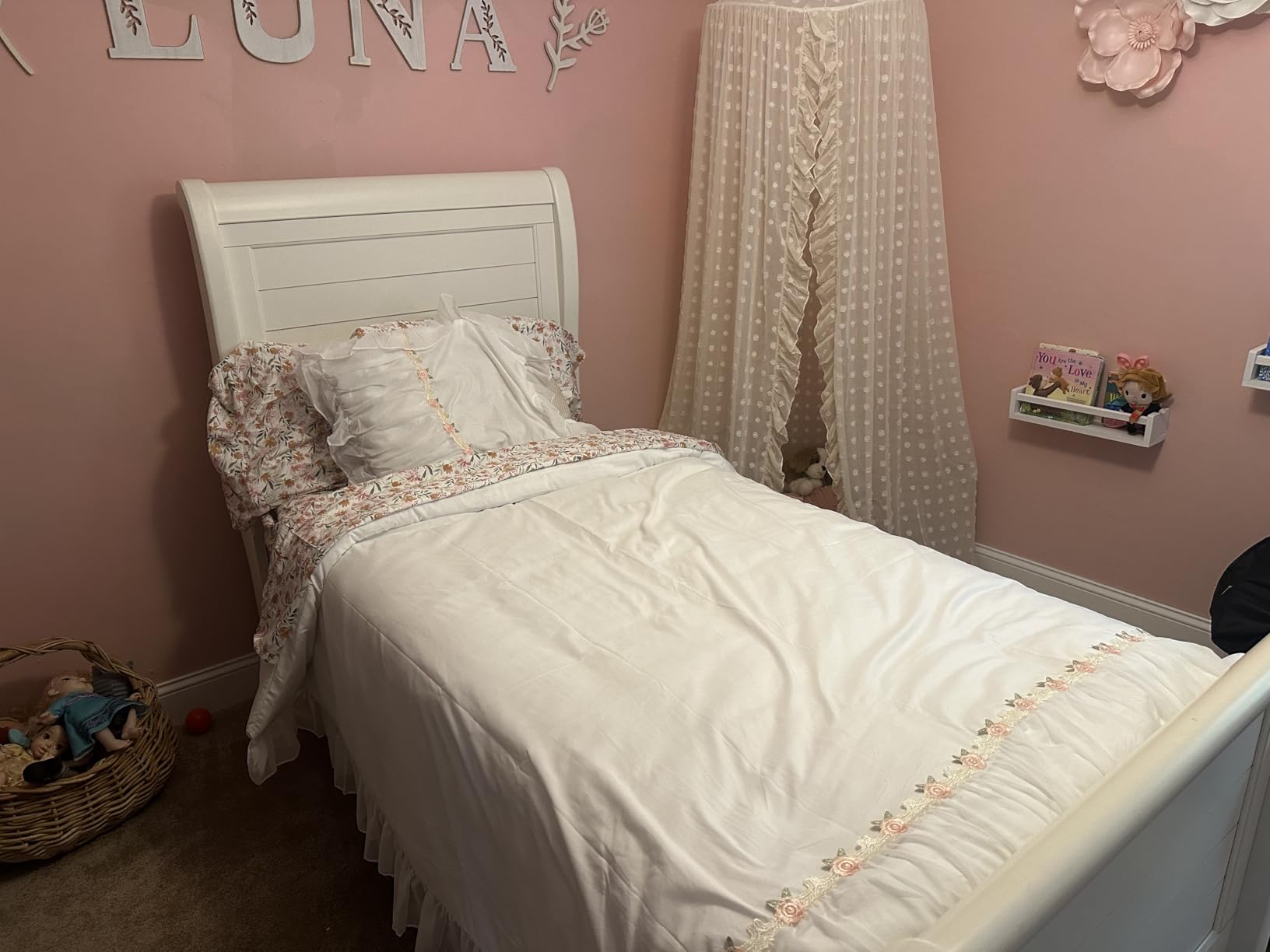 Wonder Space Elegant Kids Bed Canopy - Lace Chiffon Netting with Pom Pom, Princess Girls Fairy Dream Tent, Nursery Room Baby Crib Hanging Curtain Mosquito Net Children Reading Nook Decoration (Beige) customer photo 1
