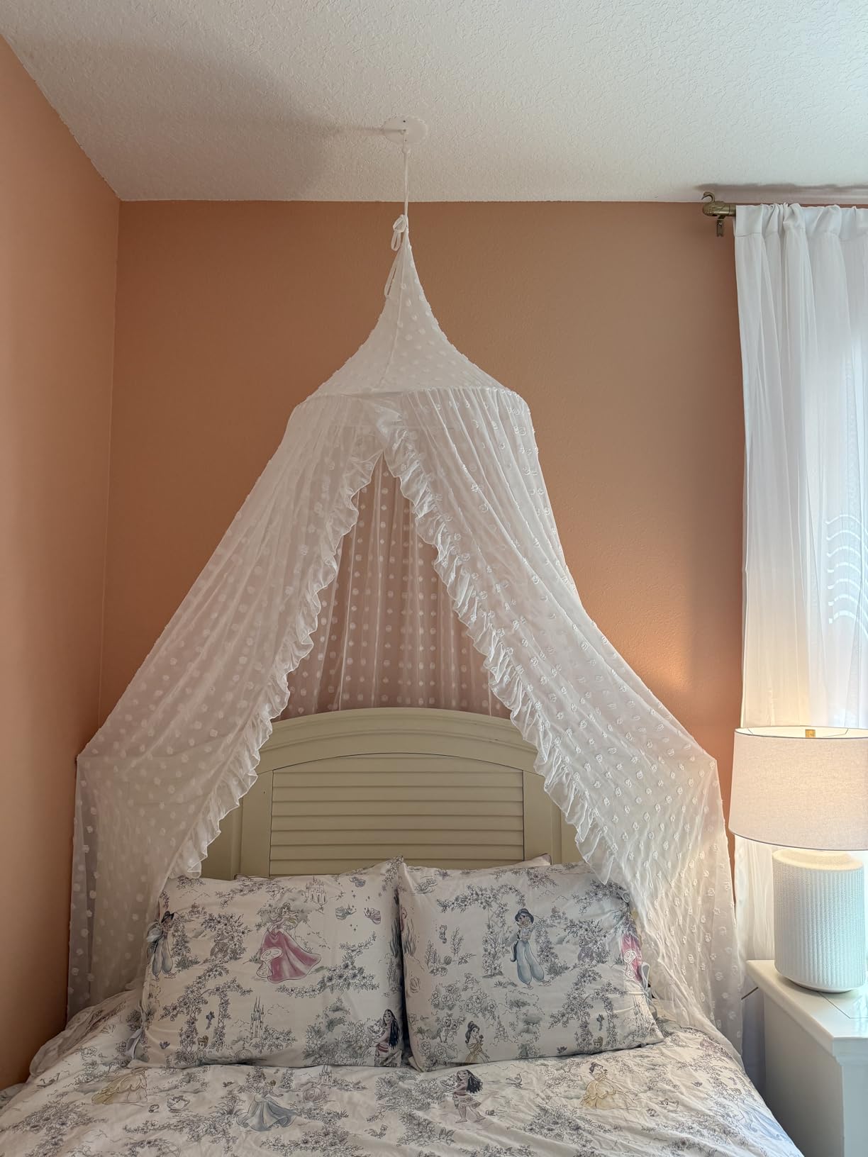 Wonder Space Elegant Kids Bed Canopy - Lace Chiffon Netting with Pom Pom, Princess Girls Fairy Dream Tent, Nursery Room Baby Crib Hanging Curtain Mosquito Net Children Reading Nook Decoration (Beige) customer photo 2