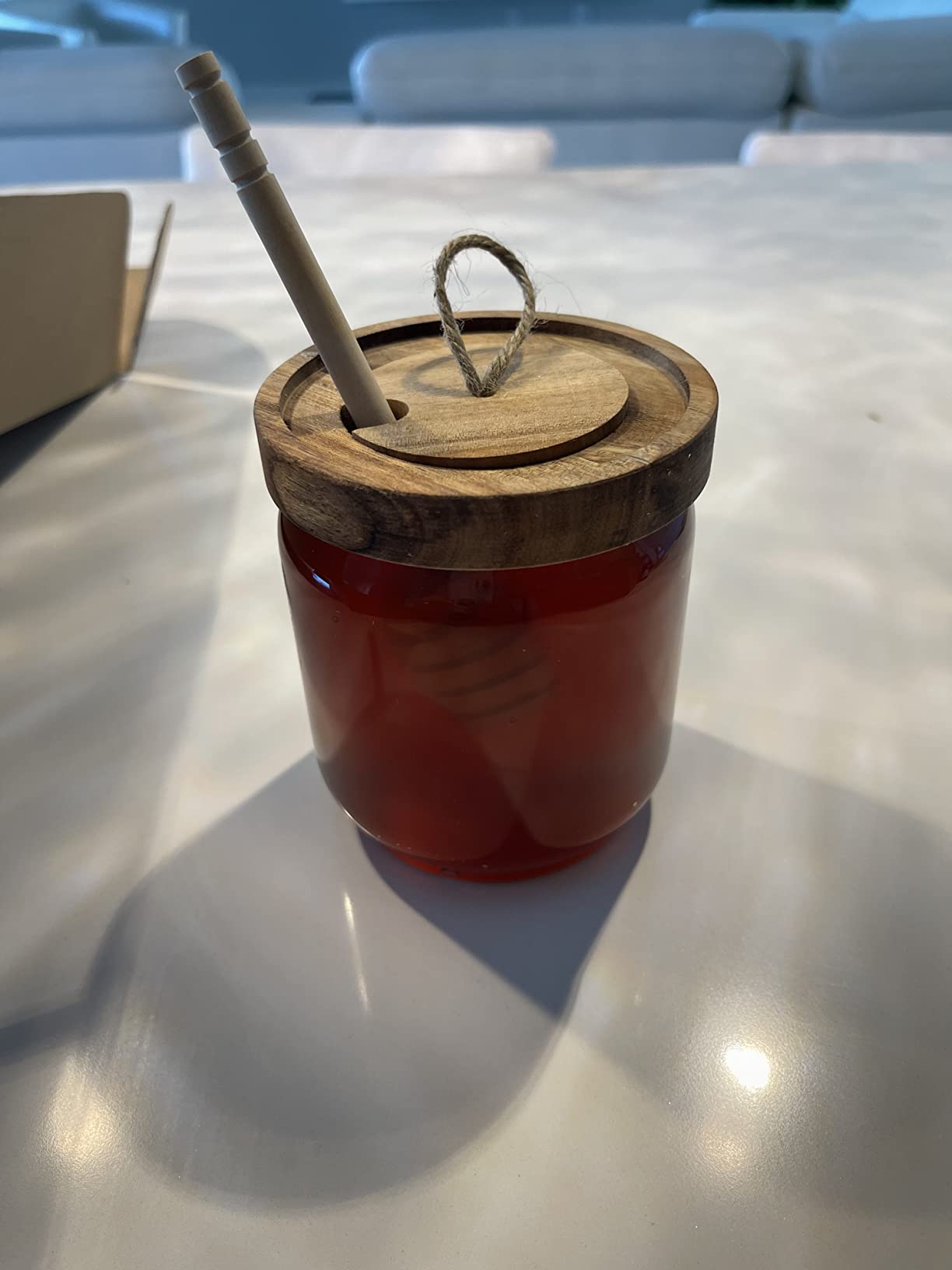 Honey Jar Pot Glass Holder Dispenser Set with Wooden Dipper Stick and Acacia Lid Cover - 9 Oz Honey Jar with Dipper and Lid - Modern Glass Honey Dispenser & Honey Drizzler for Home Kitchen Decor customer photo 1