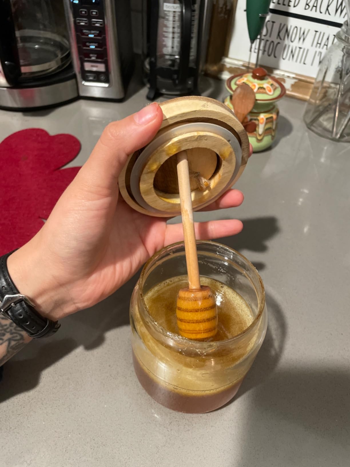 Honey Jar Pot Glass Holder Dispenser Set with Wooden Dipper Stick and Acacia Lid Cover - 9 Oz Honey Jar with Dipper and Lid - Modern Glass Honey Dispenser & Honey Drizzler for Home Kitchen Decor customer photo 2