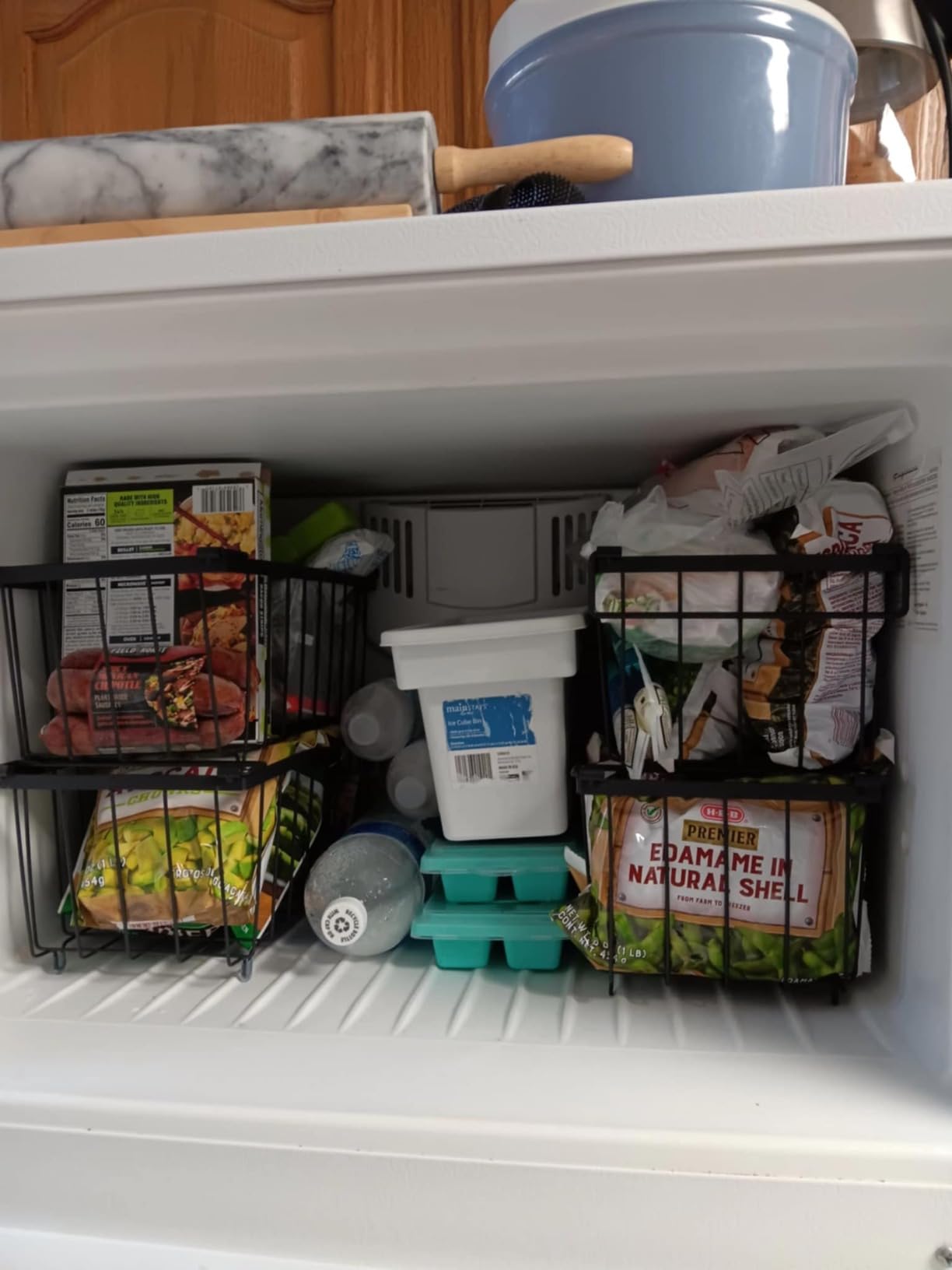 iSPECLE Freezer Organizer Bins - Small Storage Baskets for 7 Cu.Ft, 4 Pack | Easy Access Handles, Stackable Deep Freezer Wire Baskets, Vertical Space Sorts for Frozen Meat, Vegetable and Bagged Items customer photo 1