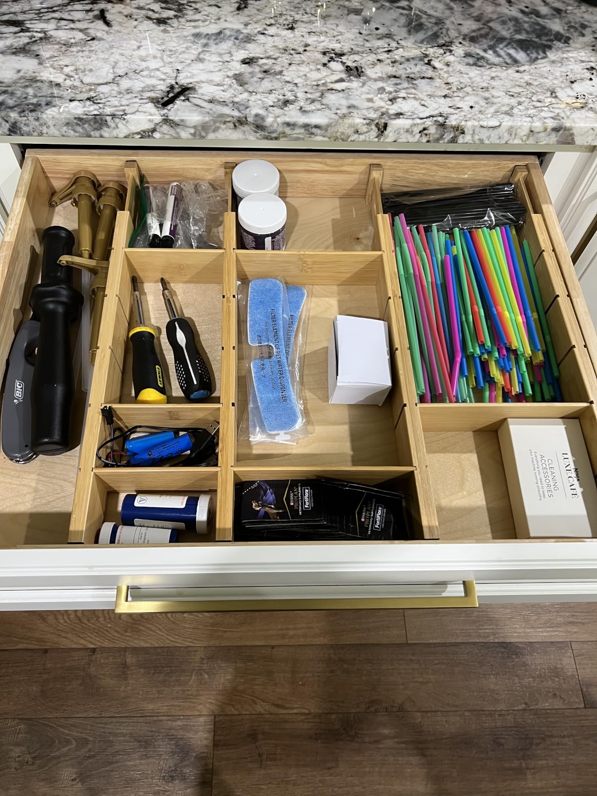 SpaceAid Bamboo Drawer Dividers with Inserts and Labels, Kitchen Adjustable Drawer Organizers, Expandable Organization for Home, Office, Dressers, 4 Dividers with 9 Inserts (17