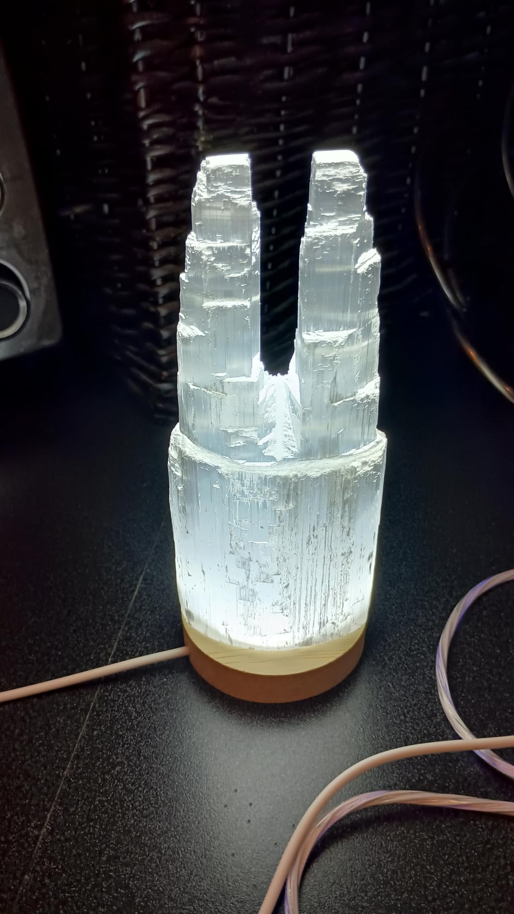 JIC Gem USB Selenite Tower Lamp Natural Selenite Skyscraper Healing Crystal Lamp 6 Inch with Wooden Light Stand Base customer photo 2