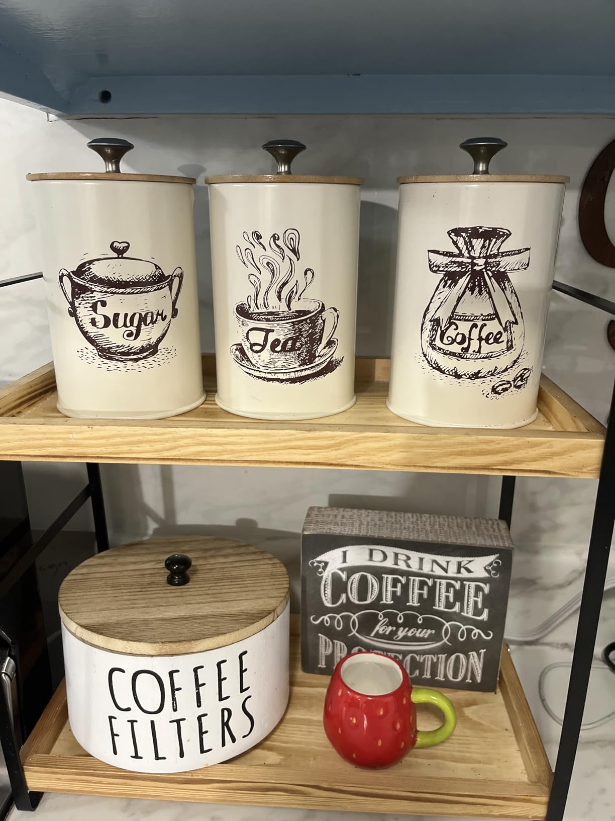Youeon Small Canister Sets for Kitchen Counter, 25 Oz Coffee Sugar Tea Canister Set, Metal Vintage Kitchen Container 3 Pack, Food Storage Containers with Bamboo Lid, Farmhouse Decor, Beige customer photo 1