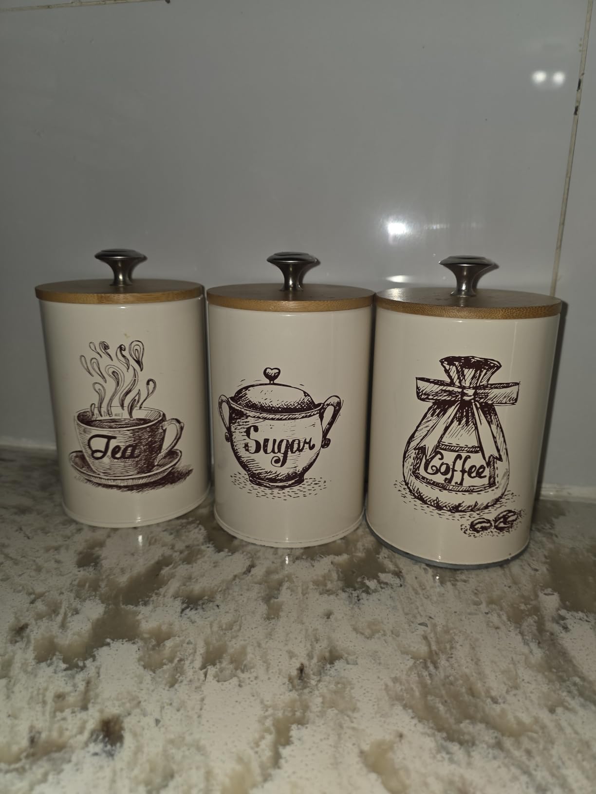 Youeon Small Canister Sets for Kitchen Counter, 25 Oz Coffee Sugar Tea Canister Set, Metal Vintage Kitchen Container 3 Pack, Food Storage Containers with Bamboo Lid, Farmhouse Decor, Beige customer photo 2