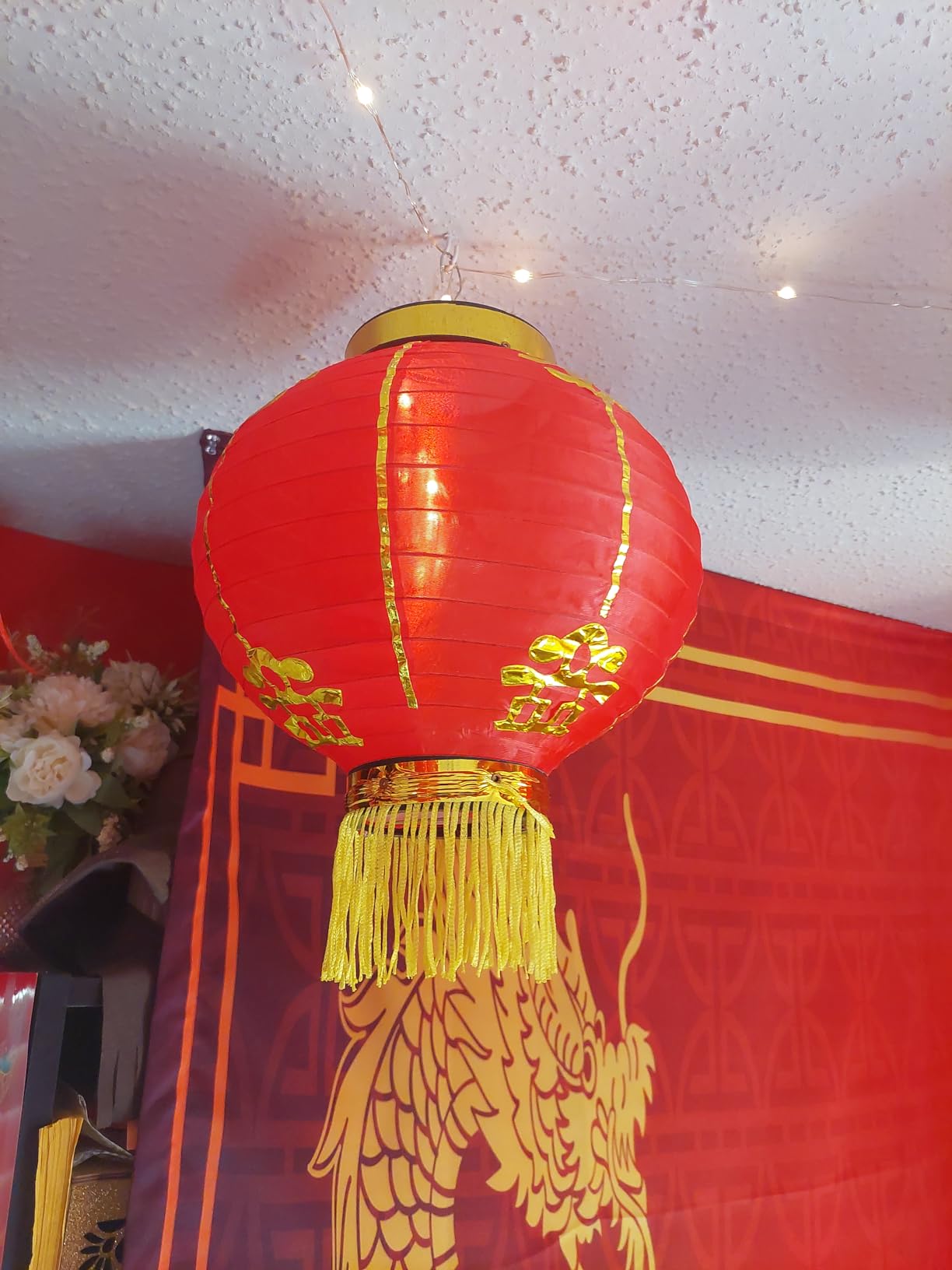 MyGift 4 Pack Chinese New Year Red Silk Paper Lanterns with Gold Tassel, Decorative 9 inch Round Party Lanterns for Spring Festival Holiday Season Decorations, Hanging Chinese Japanese Lanterns customer photo 1