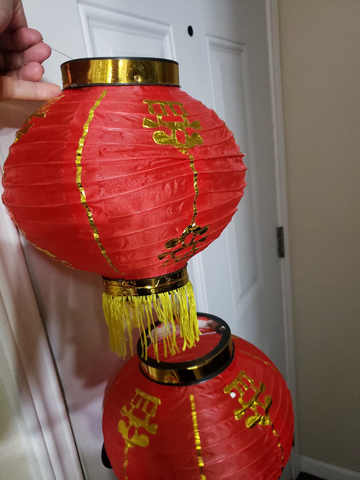 MyGift 4 Pack Chinese New Year Red Silk Paper Lanterns with Gold Tassel, Decorative 9 inch Round Party Lanterns for Spring Festival Holiday Season Decorations, Hanging Chinese Japanese Lanterns customer photo 2