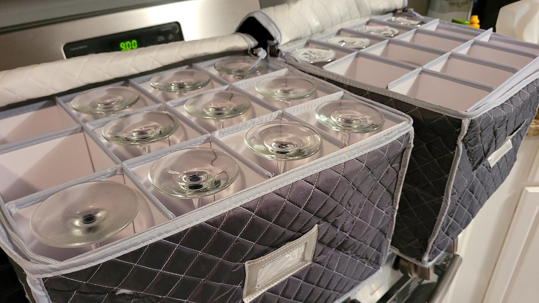 Wine Glass Storage Box with Dividers Holds 24 Stemware Storage Cases or China Crystal Glassware Containers with Handles and Lable Window (15.5