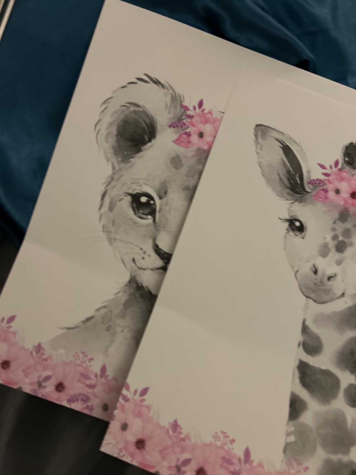 Safari Animals Baby Girls Nursery Set of 3 Unframed Wall Art Prints, Gray Baby Animals with Pink Flowers, Child Bedroom Nursery Decor Posters, Giraffe Elephant Lion (8x10) customer photo 1