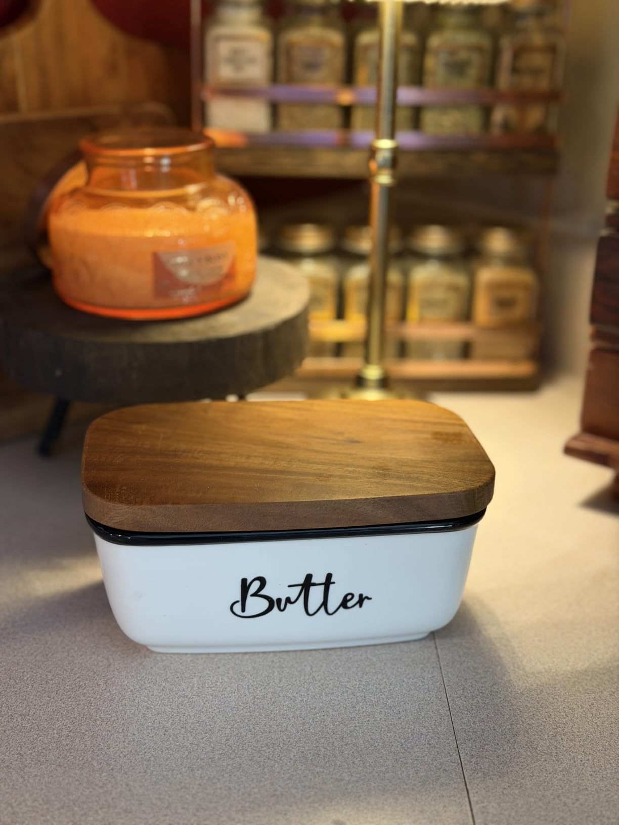 Butter Dish with Lid, ALELION Large Ceramic Butter Dish for Countertop, Butter Keeper with Thick Acacia Wood Lid, Kitchen Decor and Accessories for Kitchen Gifts, White customer photo 1