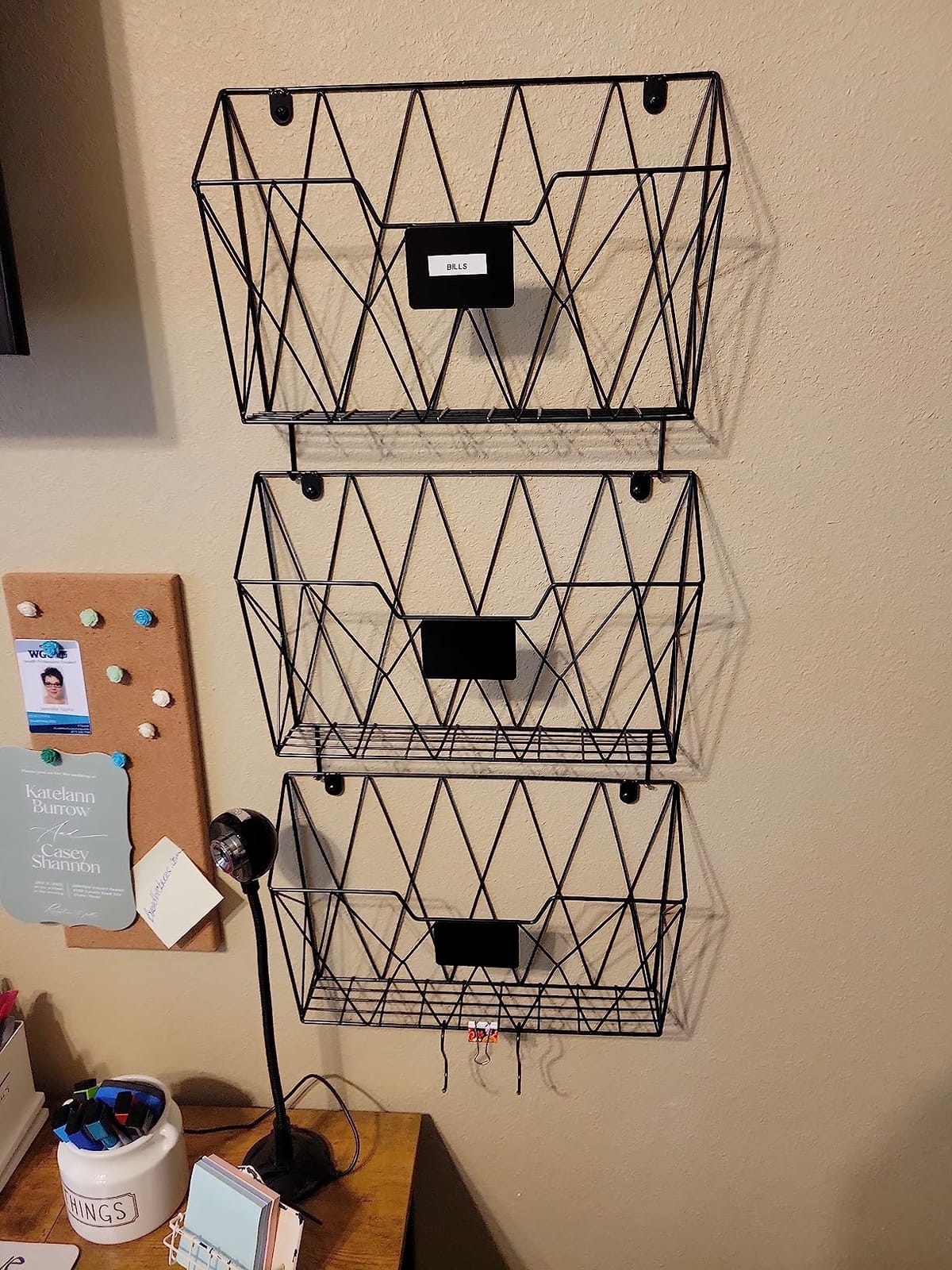 Wall File Organizer, 3 Pack Metal Wall Basket File Holder for Home Office | Vertical Hanging File Organizer, Mail Organizer Wall Mounted Magazine with Label Slot & Hooks, Sorts paper, Mails & Supplies customer photo 2