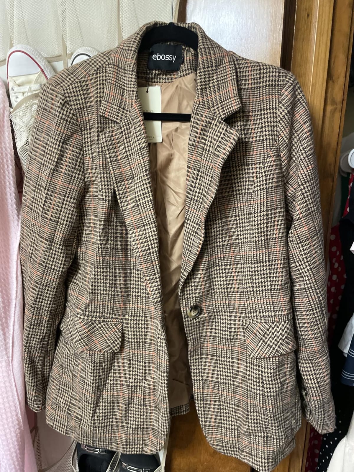ebossy Women Double Breasted Houndstooth Plaid Slim Boyfriend Blazer Jacket customer photo 1