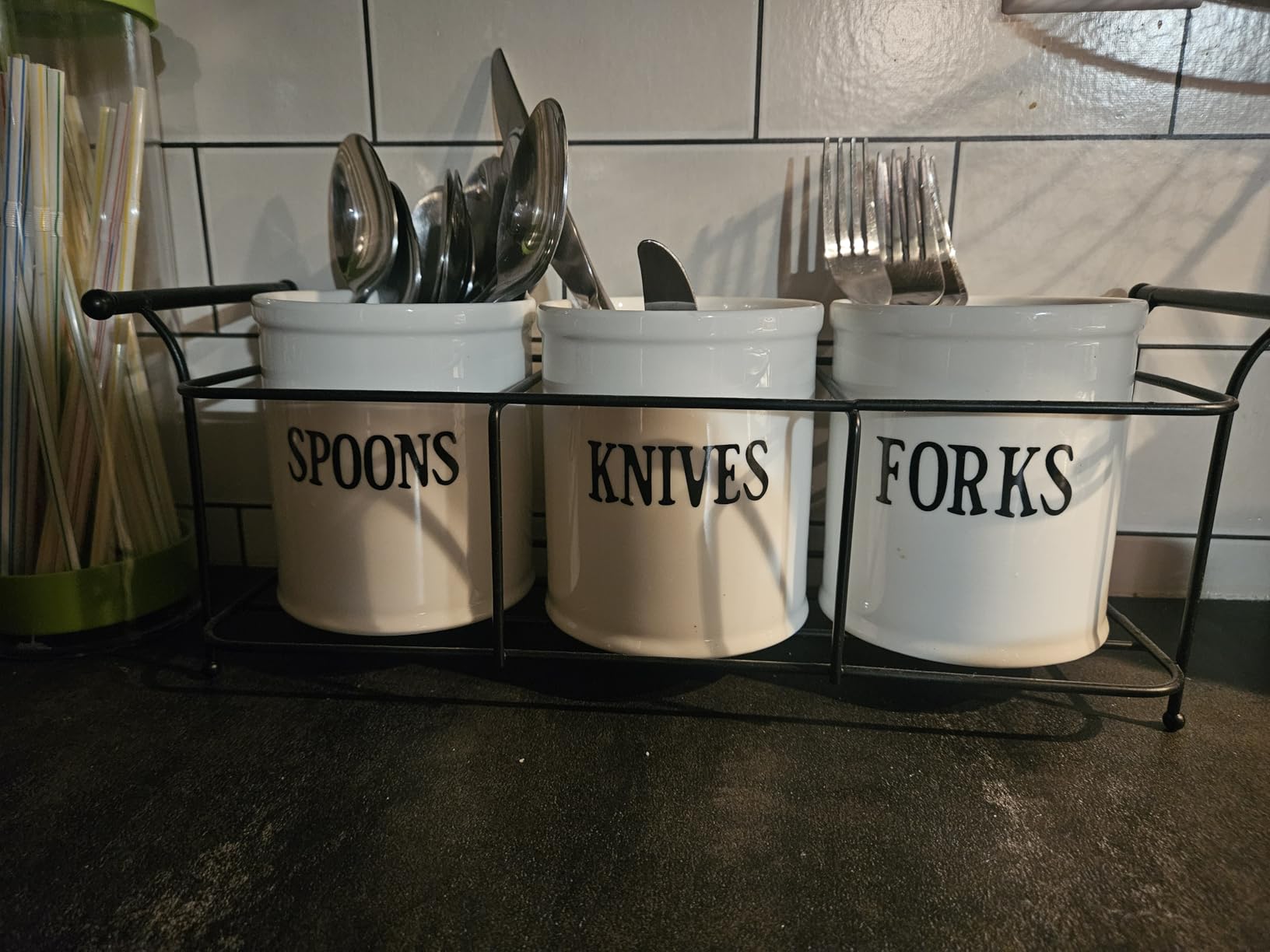 Bekith 3-Piece White Ceramic Silverware Caddy with Black Metal Rack, Utensil Holder Flatware Caddy Cutlery Storage Organizer for Kitchen Table, Cabinet or Pantry customer photo 1