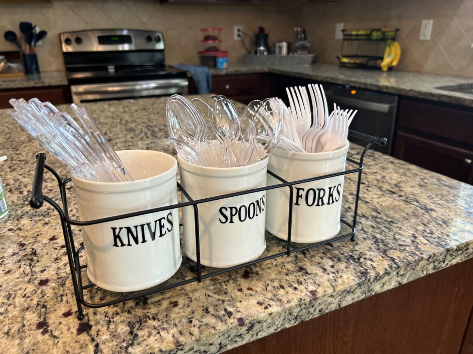 Bekith 3-Piece White Ceramic Silverware Caddy with Black Metal Rack, Utensil Holder Flatware Caddy Cutlery Storage Organizer for Kitchen Table, Cabinet or Pantry customer photo 2