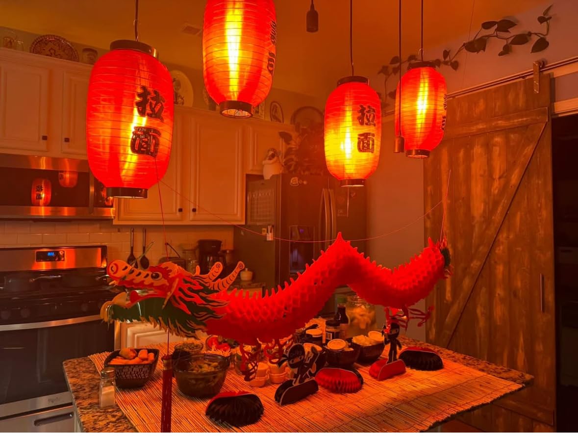 Riakrum Japanese Style Lantern Japanese Party Decorations Red Silk Lantern 14 Inch Decorative Traditional Hanging Lamp Bar Waterproof Festival for Indoor Outdoor Home Yard, Set of 4 (Sushi and Ramen) customer photo 2