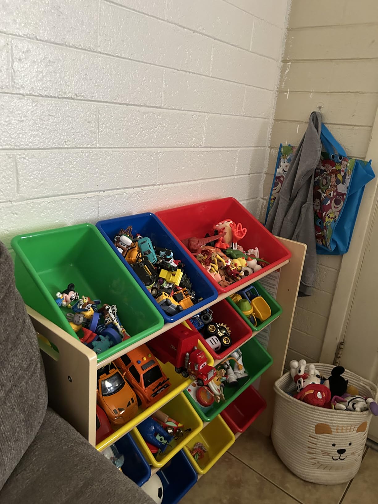 Amazon Basics Kids Toy Storage Organizer With 12 Plastic Bins, Natural Wood, Multicolor, for Bedroom and Playroom, 33.85