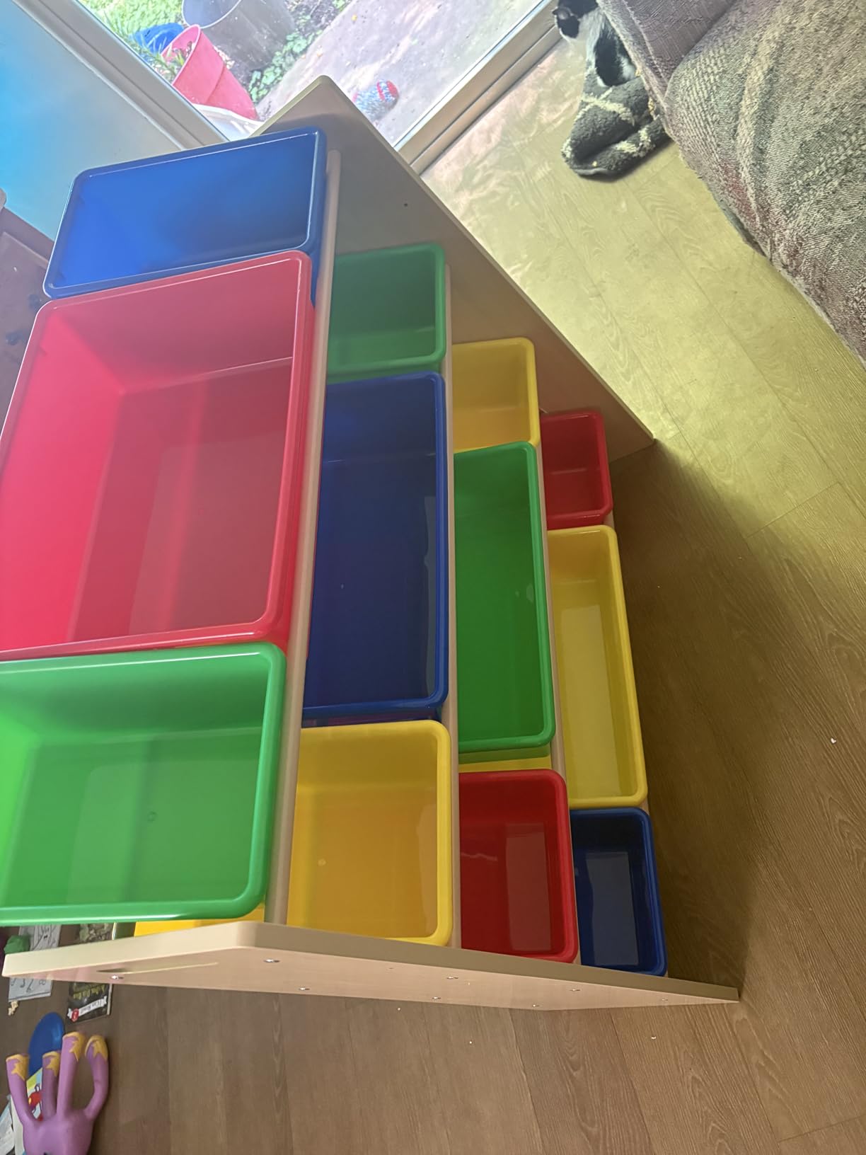 Amazon Basics Kids Toy Storage Organizer With 12 Plastic Bins, Natural Wood, Multicolor, for Bedroom and Playroom, 33.85