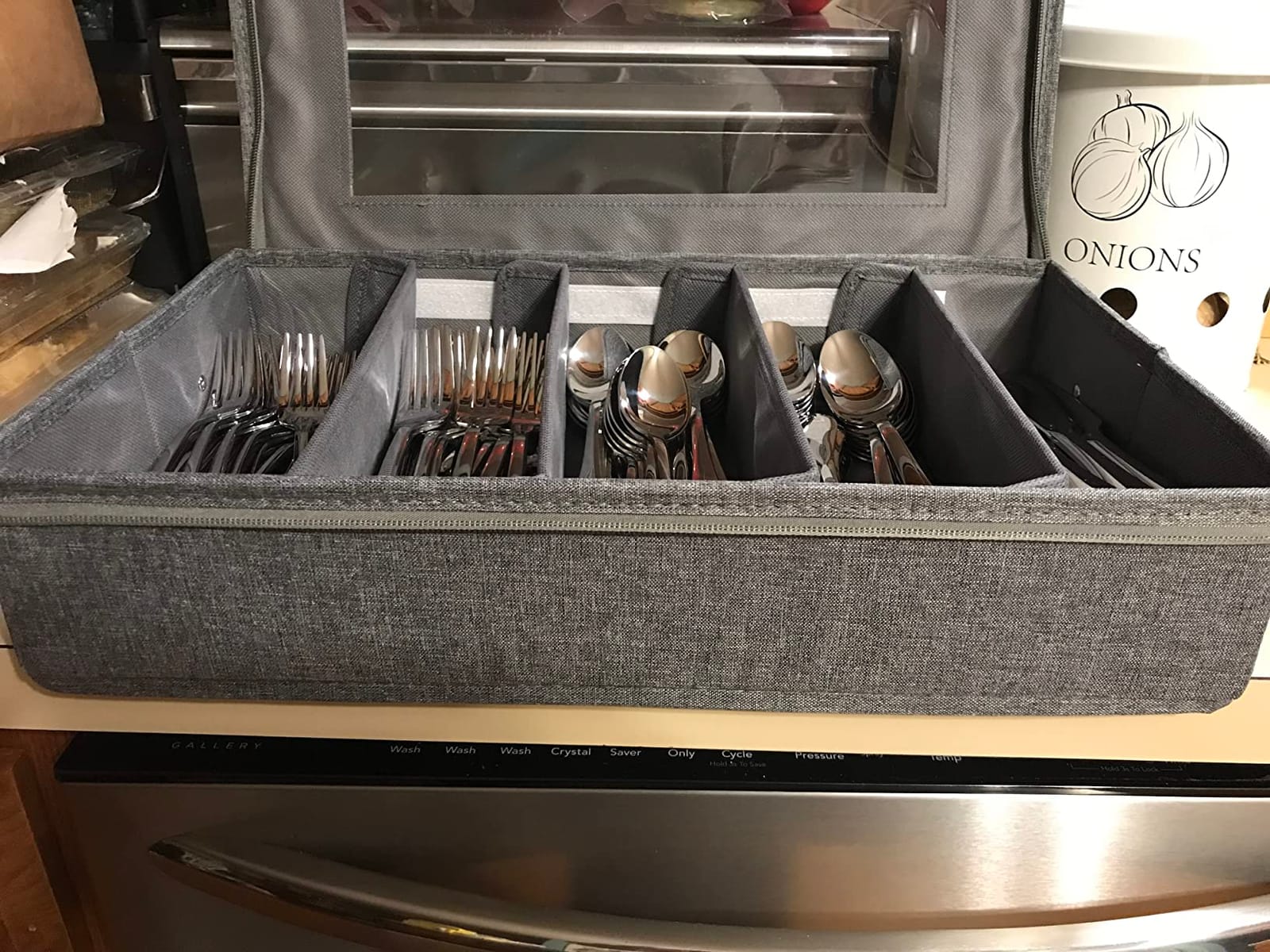 Silverware Storage Box Chest with Dividers, Flatware Utensil Storage Case, customer photo 2