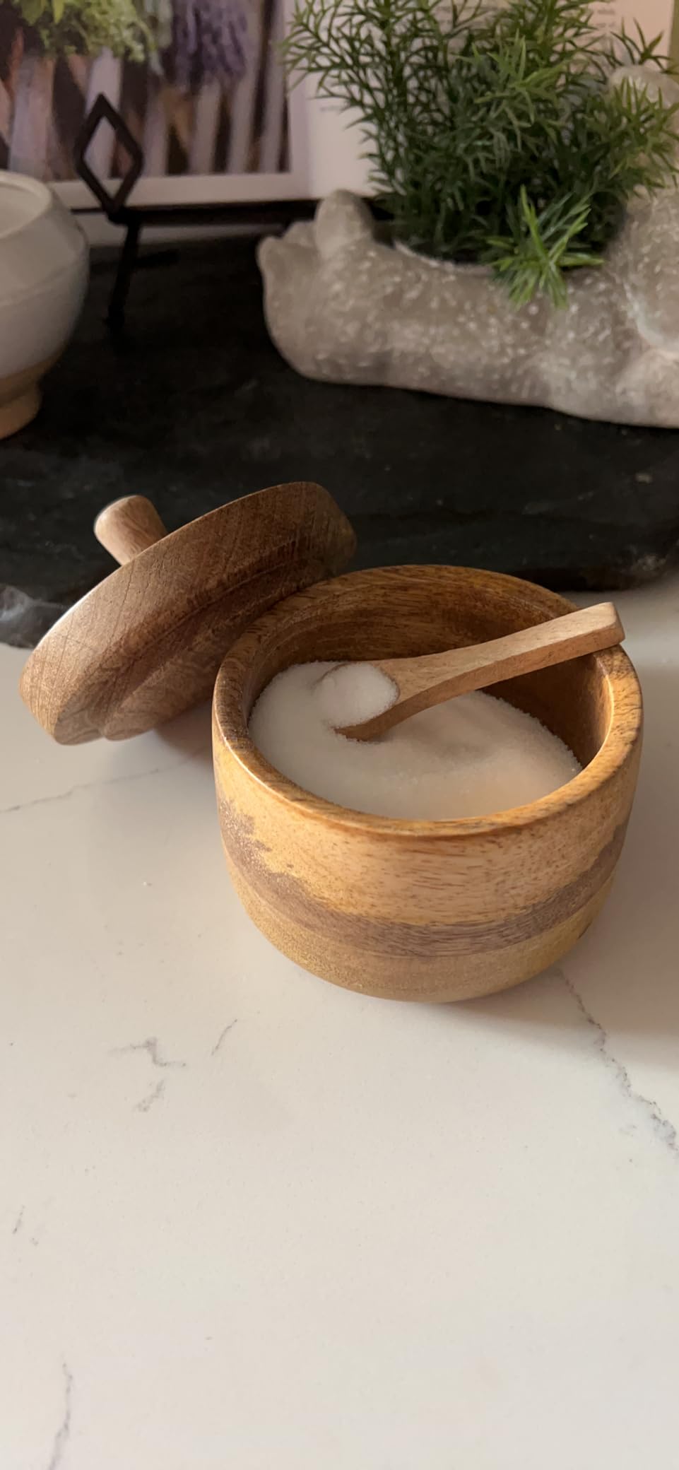 Mie Creations Rustic Salt Box Cellar with Lid & Spoon, Mango Wood Floral customer photo 2