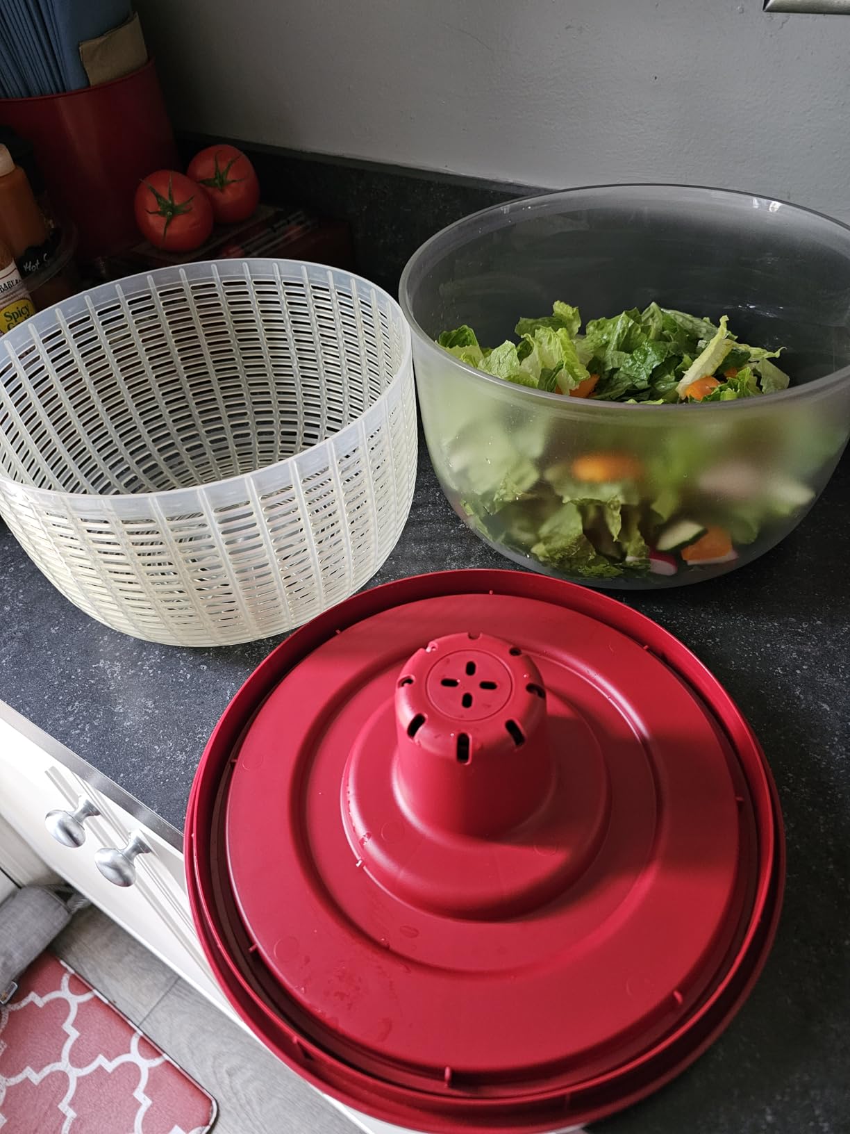 KitchenAid Universal Salad Spinner with Removable Bowl, Colander and One Handed Pump Mechanism, Large Bowl Nests and Features Non Slip Base, 7.43 Quart, Empire Red customer photo 1
