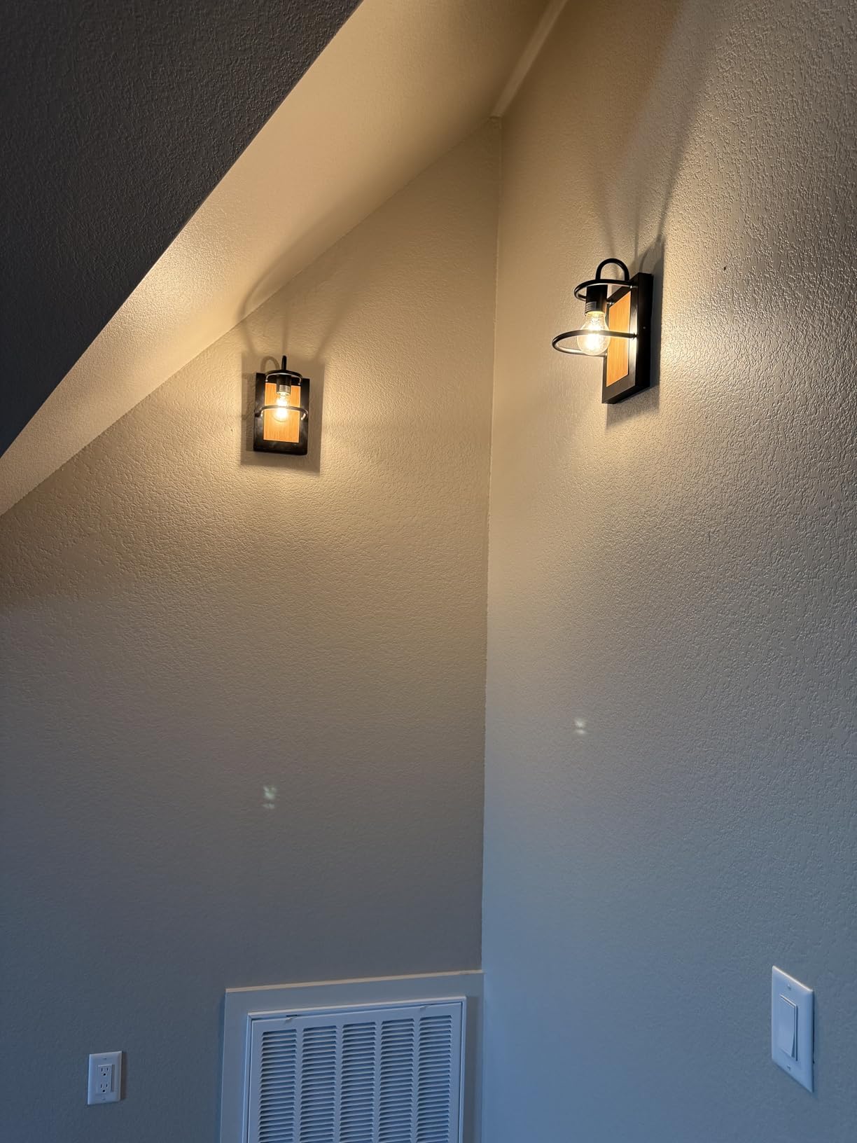 Farmhouse Wall Sconces Lamp Set of Two,Modern Industrial Wall Sconces Lighting Indoor with E26 Base Faux-Wood Color Matte Black Finish,Vintage Wall Mount Light Fixture for Bedroom Living Room Stairway customer photo 2
