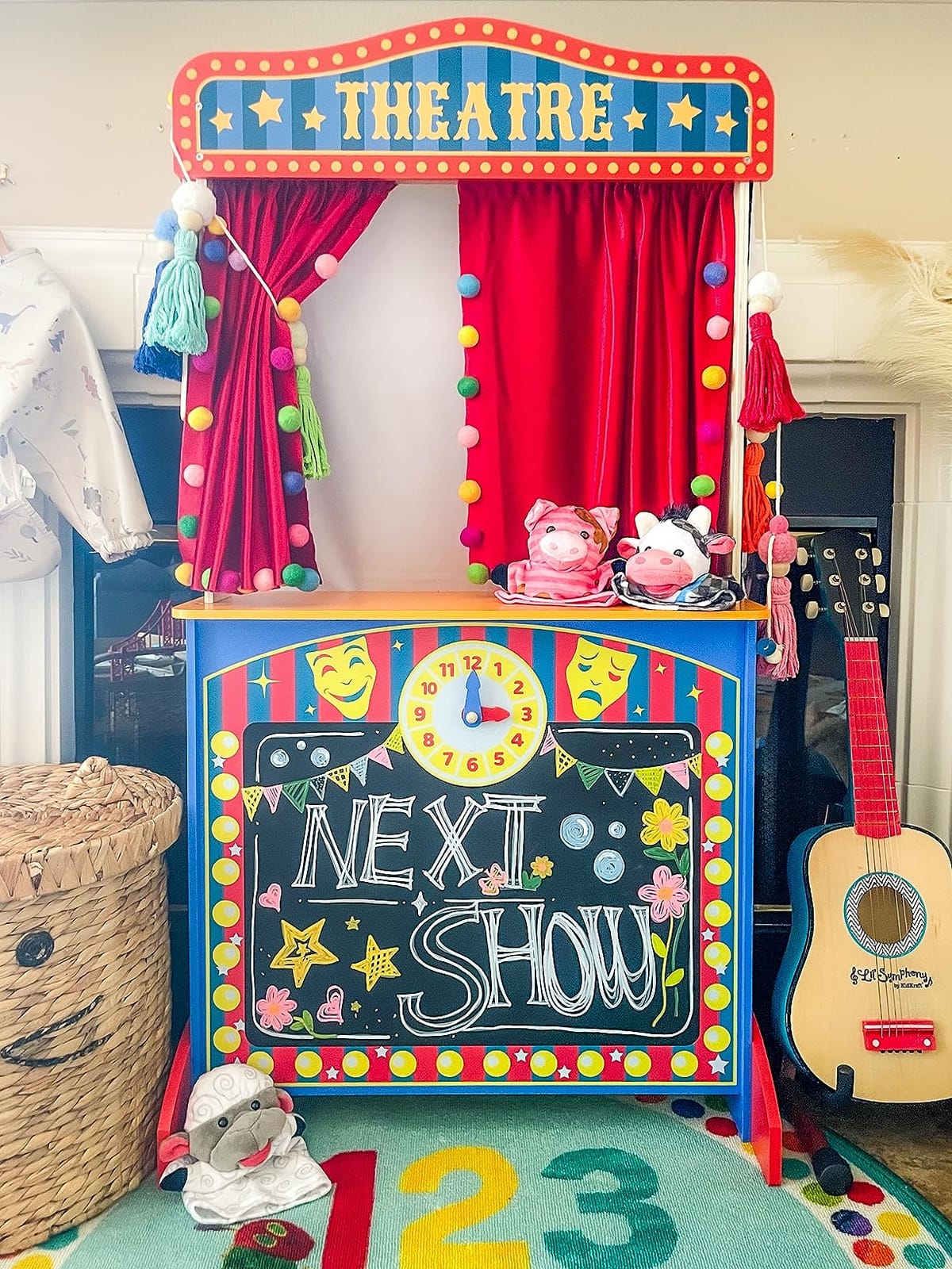 Wooden Puppet Theater for Kids, Double-Sided Play Store with Curtains | Curtains, Blackboard, Clock, 2 Hand Puppets and 4 Finger Puppets for Puppet Shows and Pretend Store Play, Ages 3+ customer photo 2