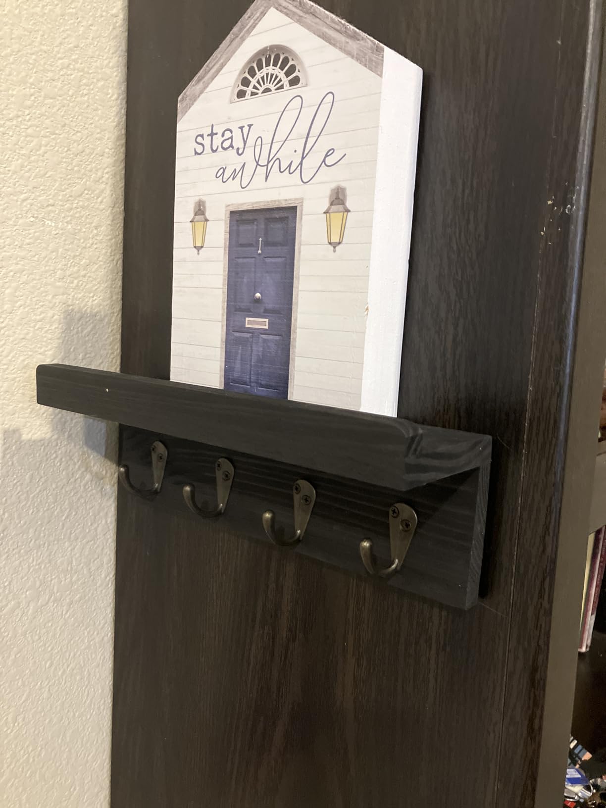 HRONRAD Rustic Key Holder for Wall, Farmhouse Wall Shelf with 4 Hooks, Wall Mounted Key Racks, Wooden Mail Organizer with Hooks for Entryway (Brown) customer photo 2