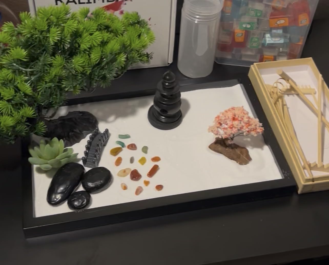 Zen Garden Kit for Desk Decor - Premium Beautiful Japanese Mini Sand Box Set Home, Office with Black Wooden Tray, White Sand, Rake Tools Desktop Meditation, Therapy and Accessories customer photo 1