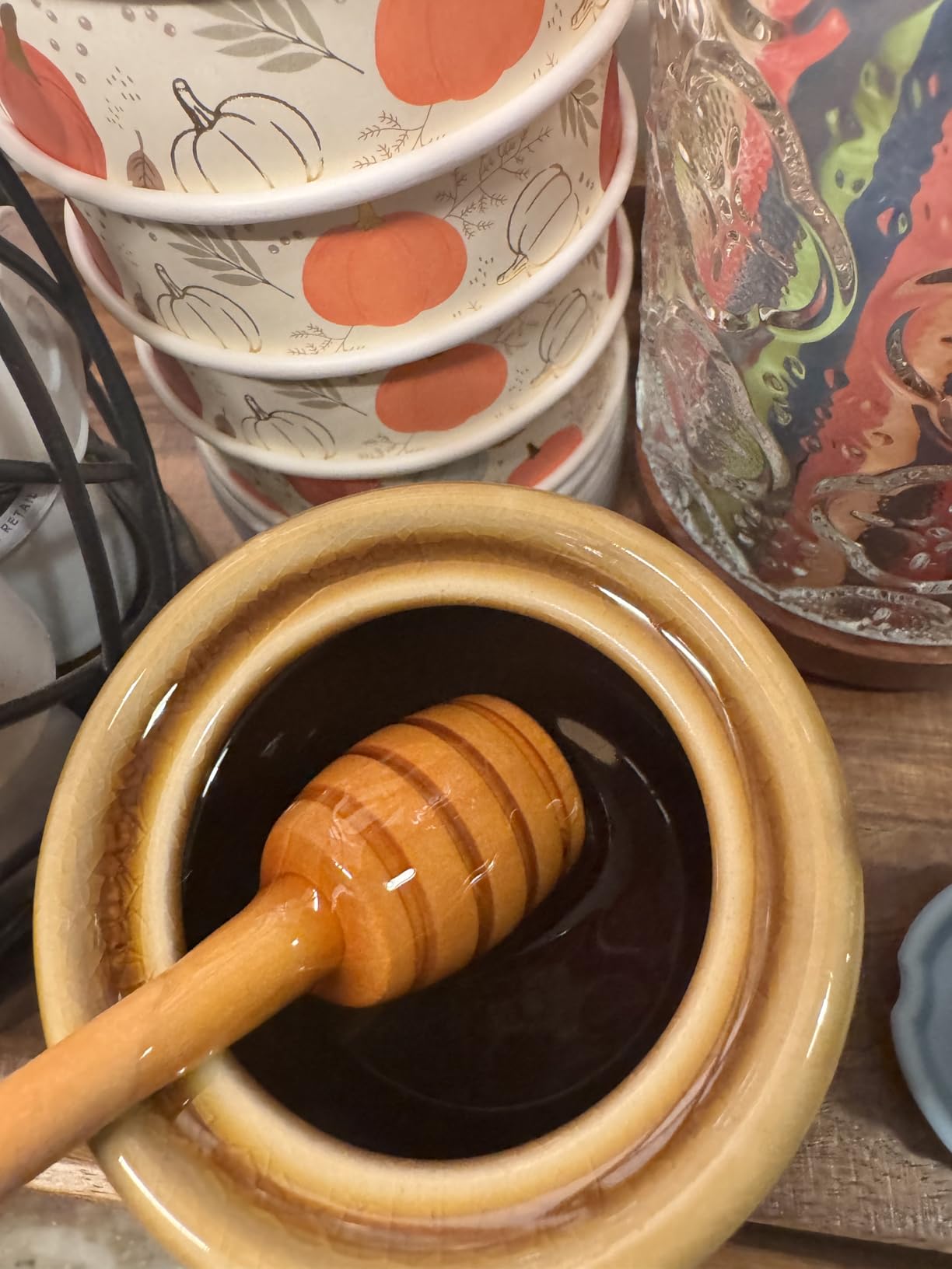 Creative Co-Op Farmhouse Embossed Stoneware Honey Pot with Wood Honey Dipper, Amber Orange customer photo 2